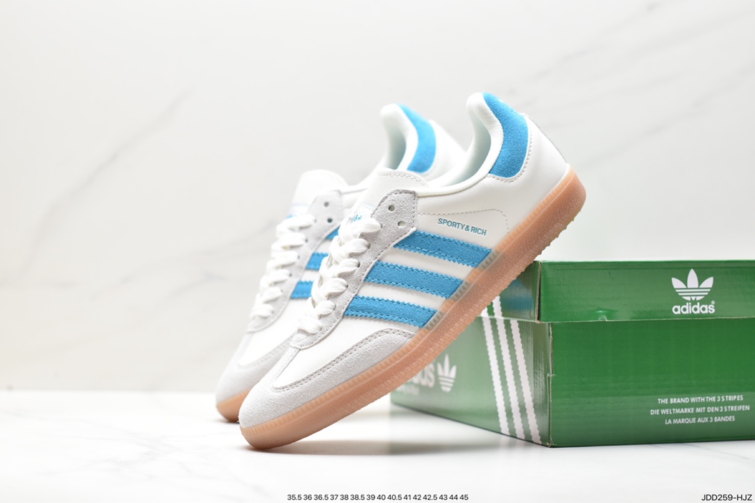 板鞋, Sporty &amp; Rich x Adidas Originals Samba, SAMBA, Originals, Original, IE7096, Adidas - 阿迪达斯 Sporty & Rich x Adidas Originals Samba 耐磨透气 低帮 休闲复古板鞋 男女同款 米白蓝 IE7096