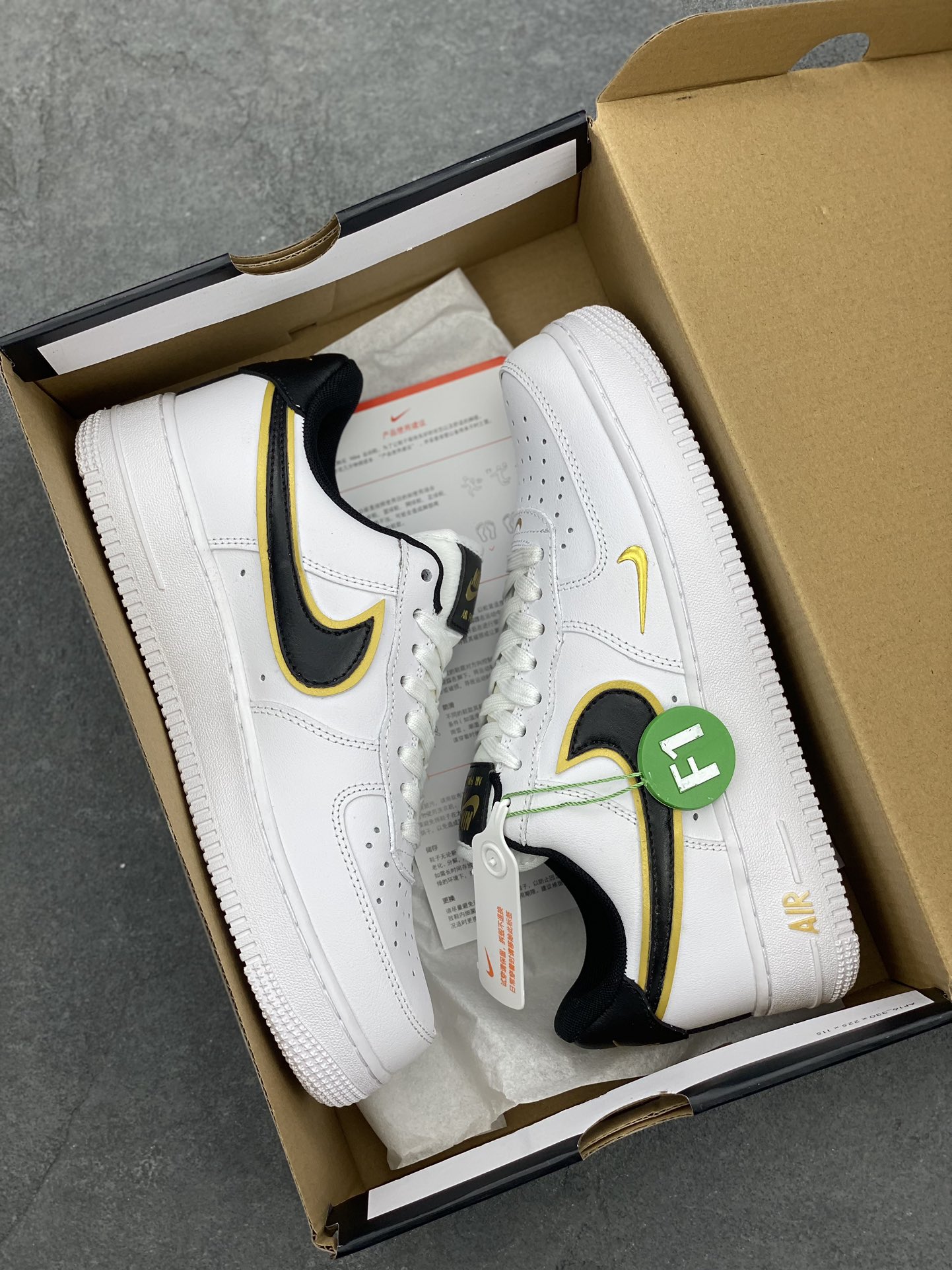 Nike Air Force 1 Black Gold White Leather Sneakers Lifetime Warranty 10 i1689103081 3529 8