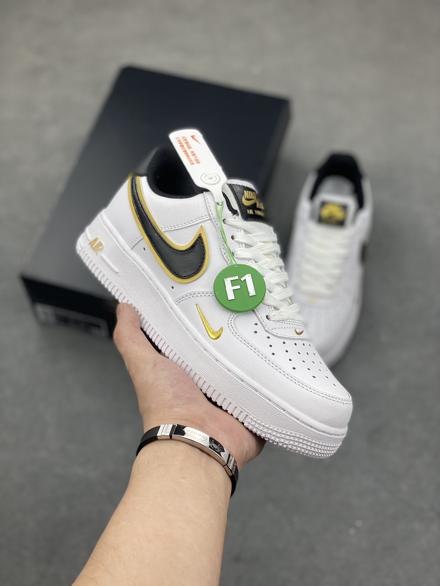 Nike Air Force 1 Black Gold White Leather Sneakers Lifetime Warranty 2 i1689103081 6024 0