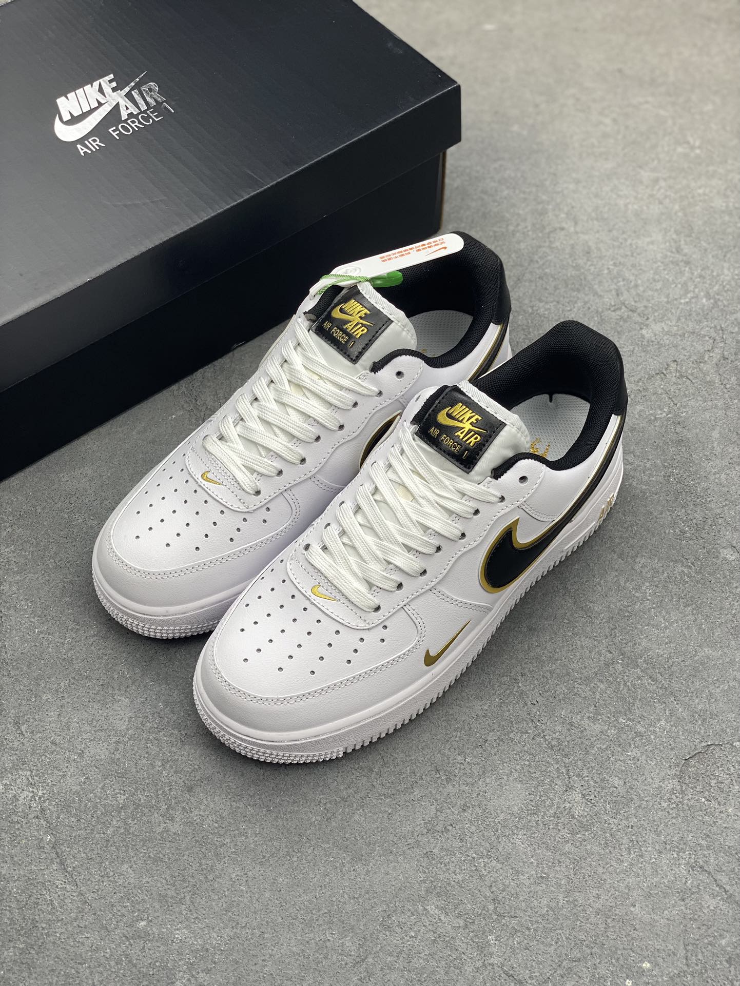 Nike Air Force 1 Black Gold White Leather Sneakers Lifetime Warranty 9 i1689103081 6687 7