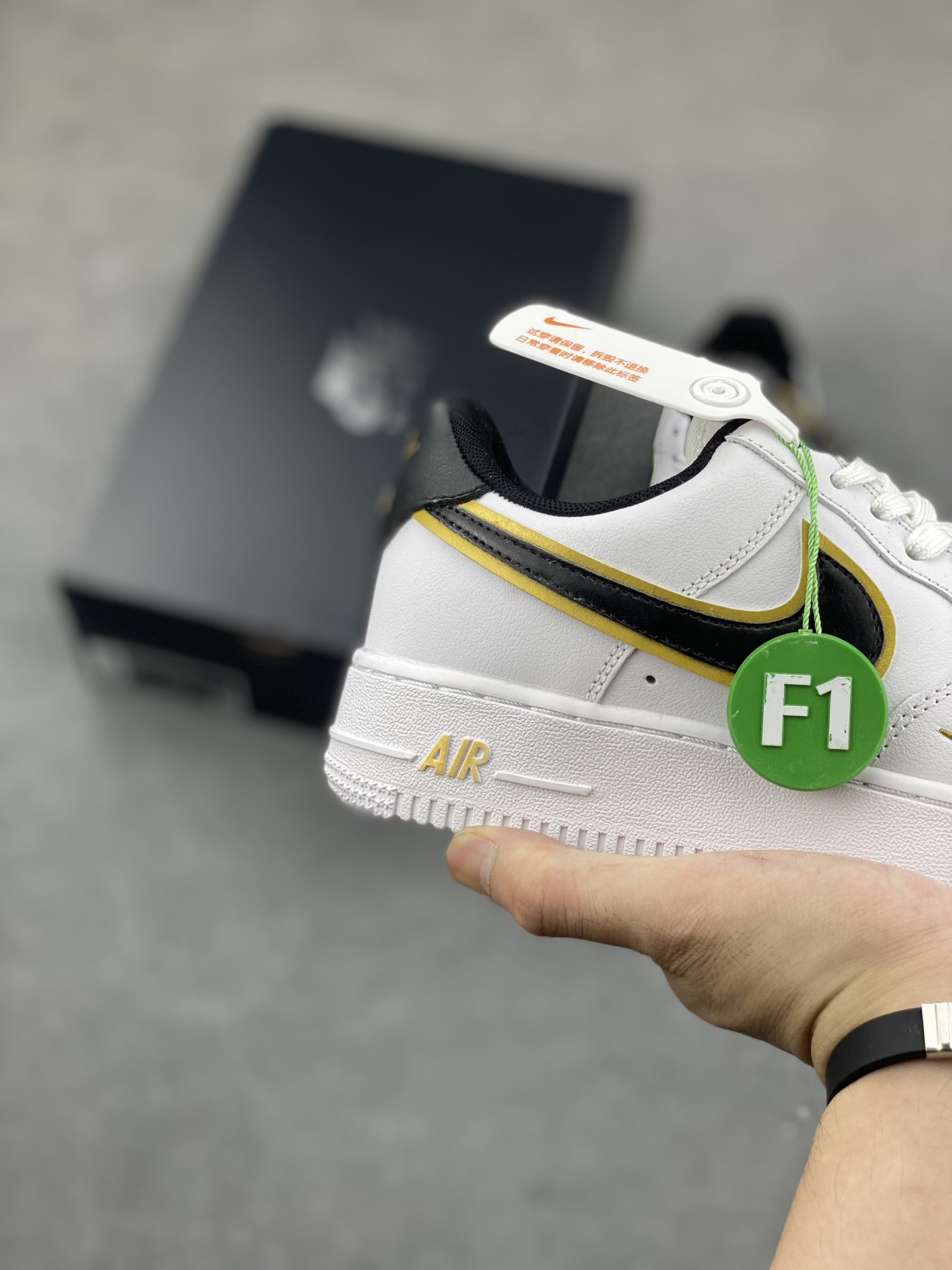 Nike Air Force 1 Black Gold White Leather Sneakers Lifetime Warranty 6 i1689103081 6777 4