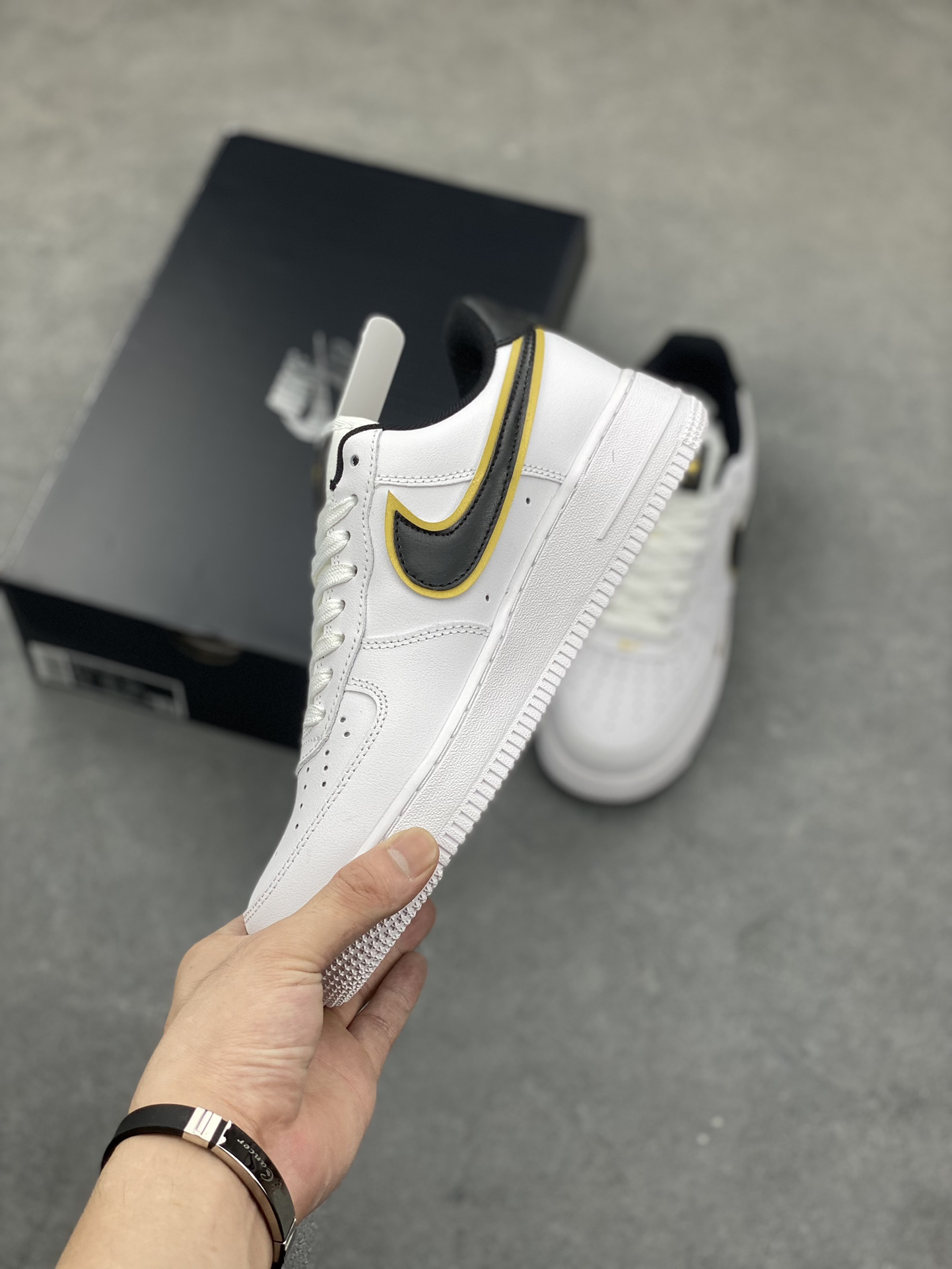 Nike Air Force 1 Black Gold White Leather Sneakers Lifetime Warranty 4 i1689103081 9267 2