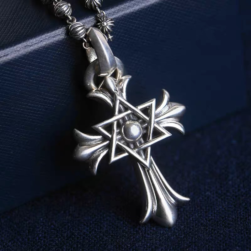 NO:114292,Thai silver sweater chain hexagram pendant personality cross punk retro sterling silver necklace men and women, jewelry boutique, sweaters, necklace, pure silver19860909泰银毛衣链六芒星吊坠个性十字架朋克复古纯银项链男潮女,饰品精品,sweaters,necklace,pure silver,Jewelry