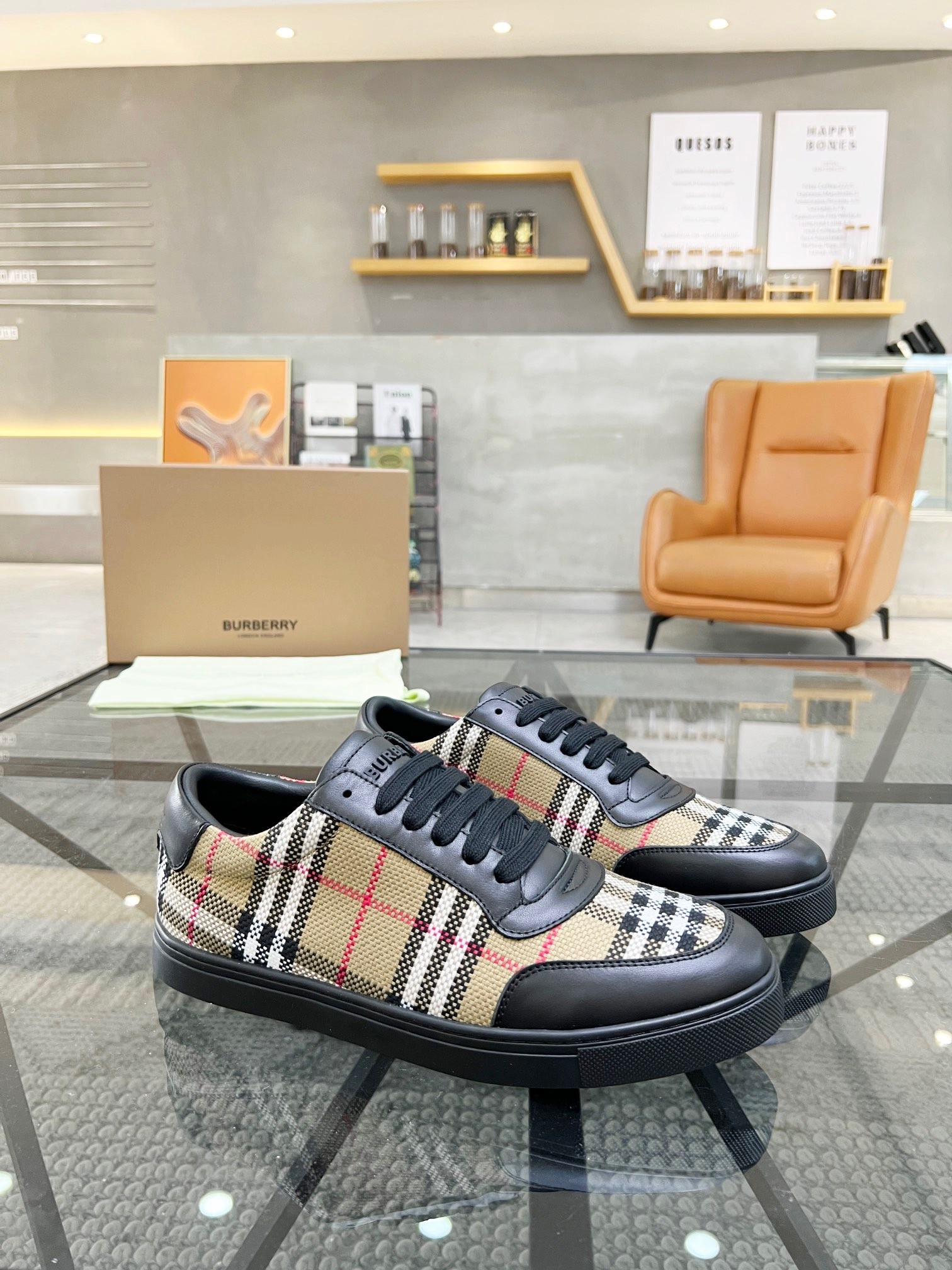 B Deportivas clásicas de caña baja para hombre en algodón de cuadros Vintage y piel de vacuno, adorn