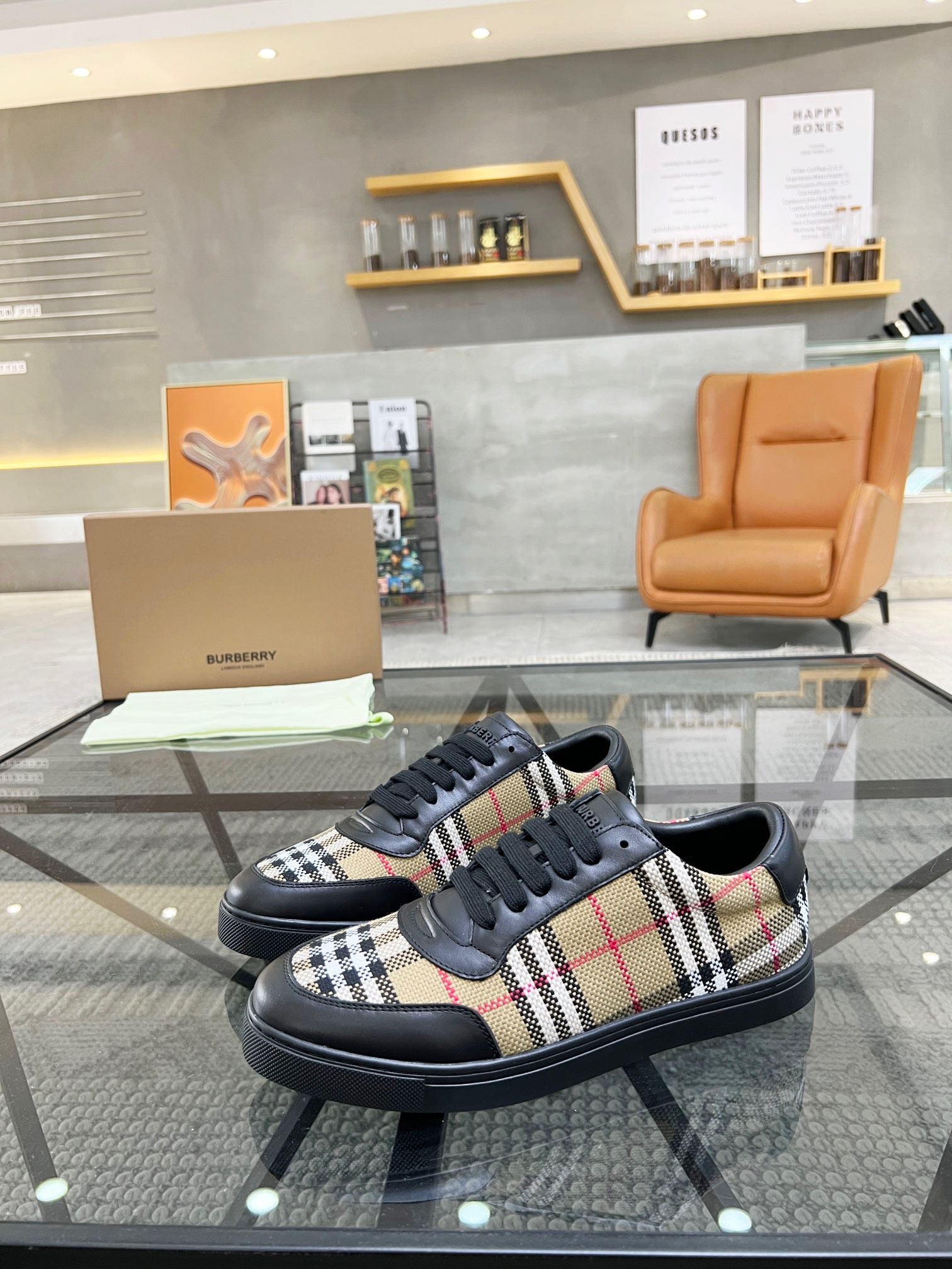 B Deportivas clásicas de caña baja para hombre en algodón de cuadros Vintage y piel de vacuno, adorn