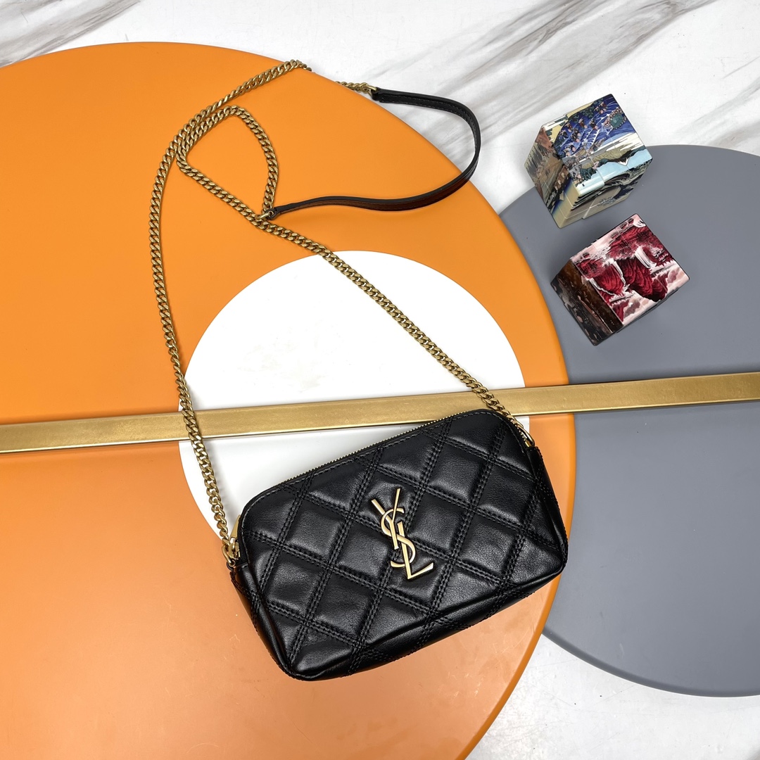 Cordero negro con hebilla dorada_P Último BECKY de la boutique, bolso de mano acolchado en rombos con doble cremallera,…