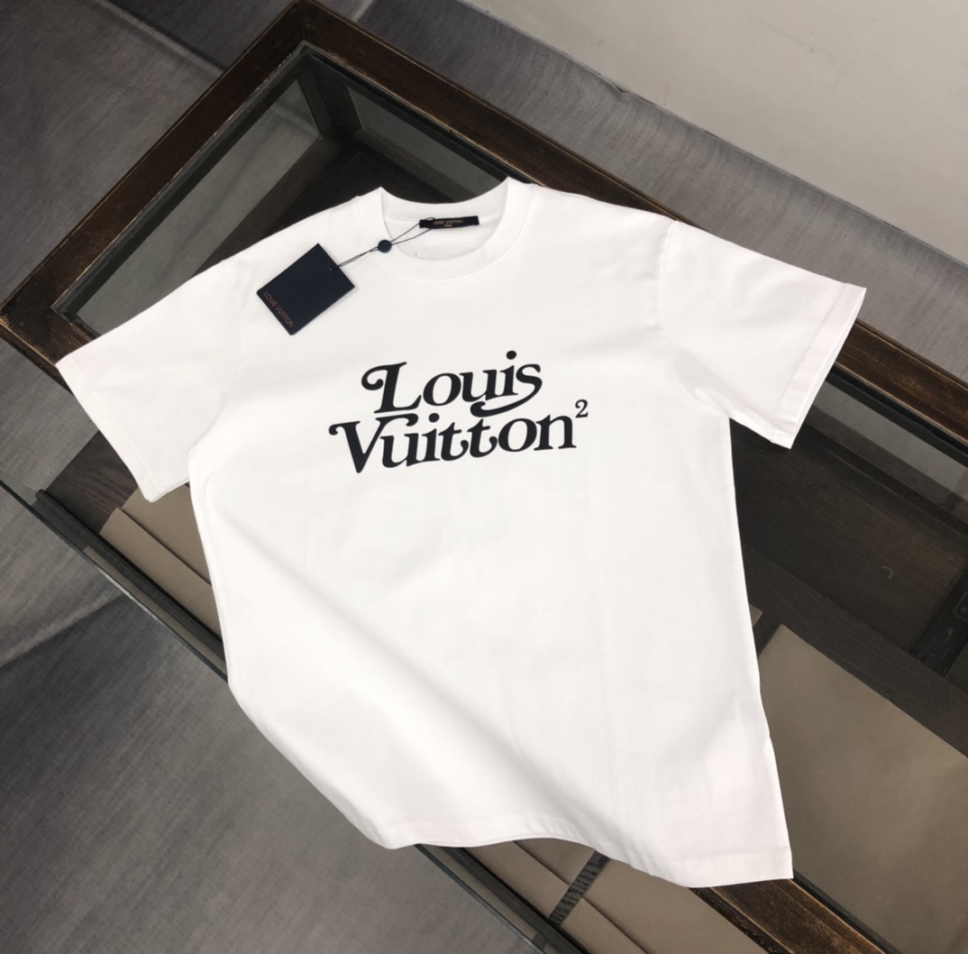 Louis Vuitton Kleding T-Shirt Beige Zwart Wit Mannen Katoen Zomercollectie Fashion Korte mouw