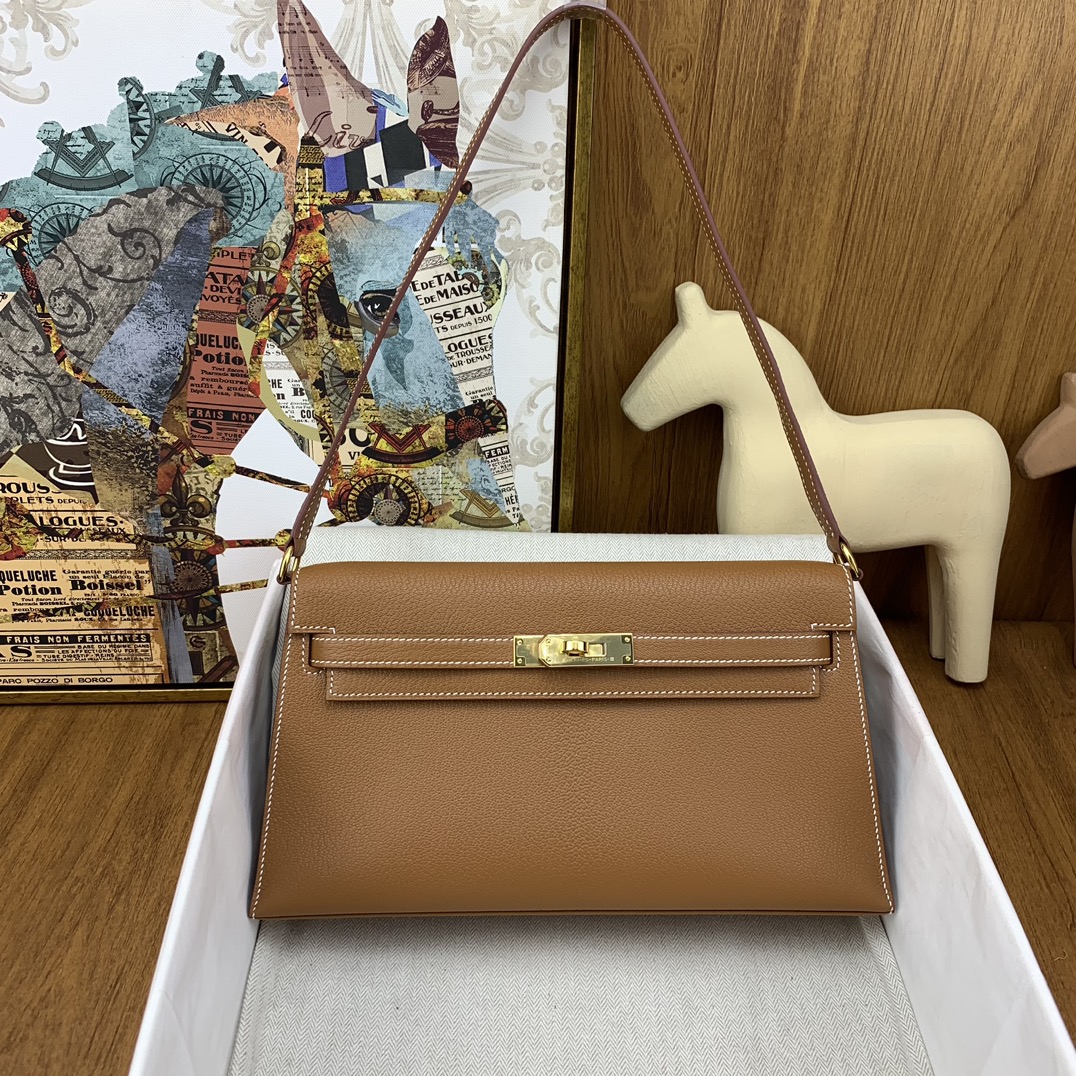 Hermes Kelly Crossbody & Shoulder Bags Brown Coffee Color Gold Hardware Goat Skin Sheepskin Vintage Underarm