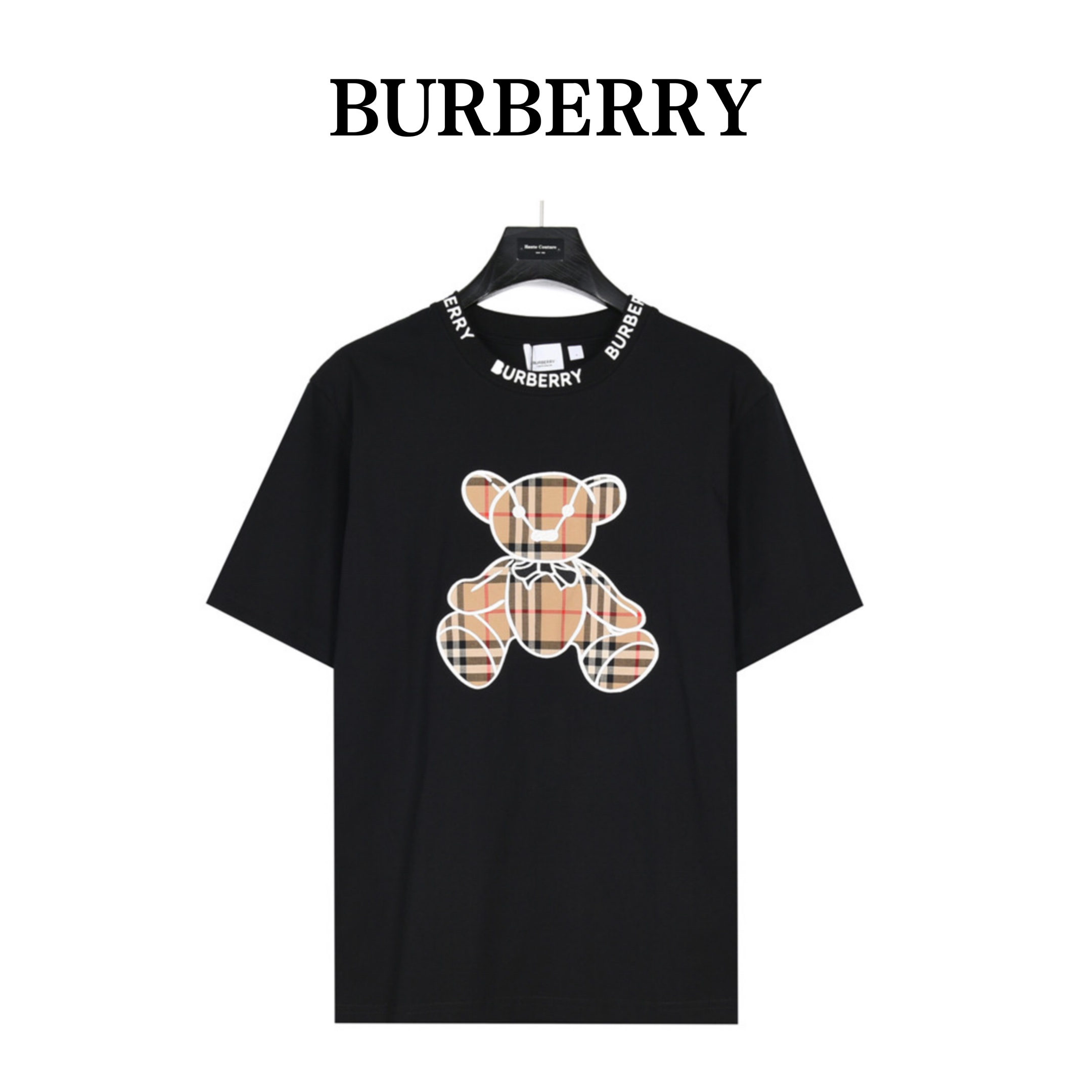 Burberry Roupa Camiseta Preto Branco Bordados Algodão penteado Manga Curta