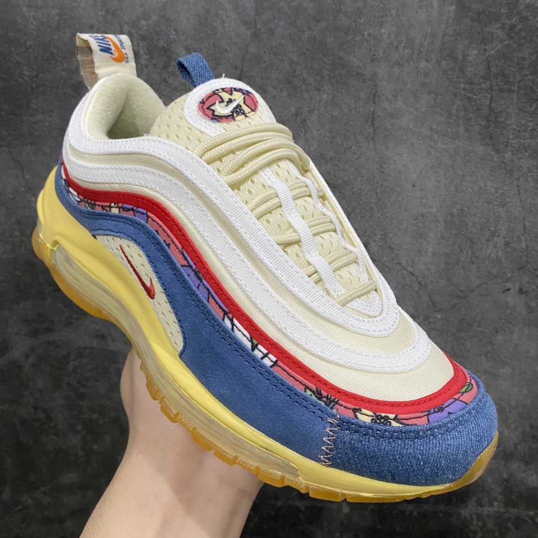 图片[3]-【纯原版本】Nike Air Max 97\”Coconut Milk Fossil Denim Red\”复古气垫百搭休闲运动慢跑鞋“深蓝米白红彩花卉”DV1486-162n原装级别 男女鞋真标半码制n升级原楦开发楦型 采用全新电脑针车 缜密针痕n回弹PU模真气垫脚感大底 尺码：36 36.5 37.5 38 38.5 39 40 40.5 41 42 42.5 43 44 44.5 45-莆田鞋批发中心