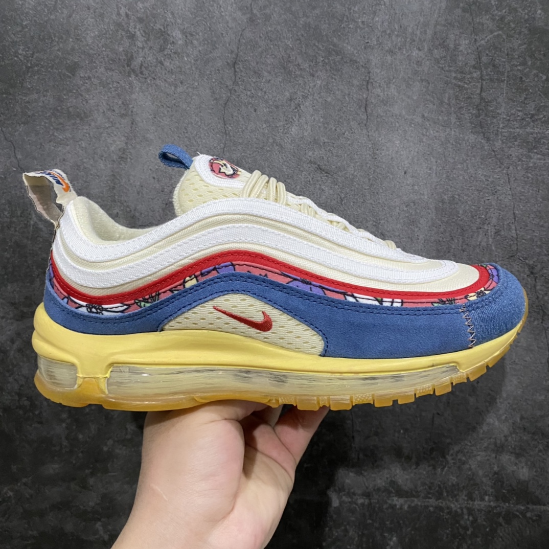 【纯原版本】Nike Air Max 97\”Coconut Milk Fossil Denim Red\”复古气垫百搭休闲运动慢跑鞋“深蓝米白红彩花卉”DV1486-162n原装级别 男女鞋真标半码制n升级原楦开发楦型 采用全新电脑针车 缜密针痕n回弹PU模真气垫脚感大底 尺码：36 36.5 37.5 38 38.5 39 40 40.5 41 42 42.5 43 44 44.5 45-莆田鞋批发中心