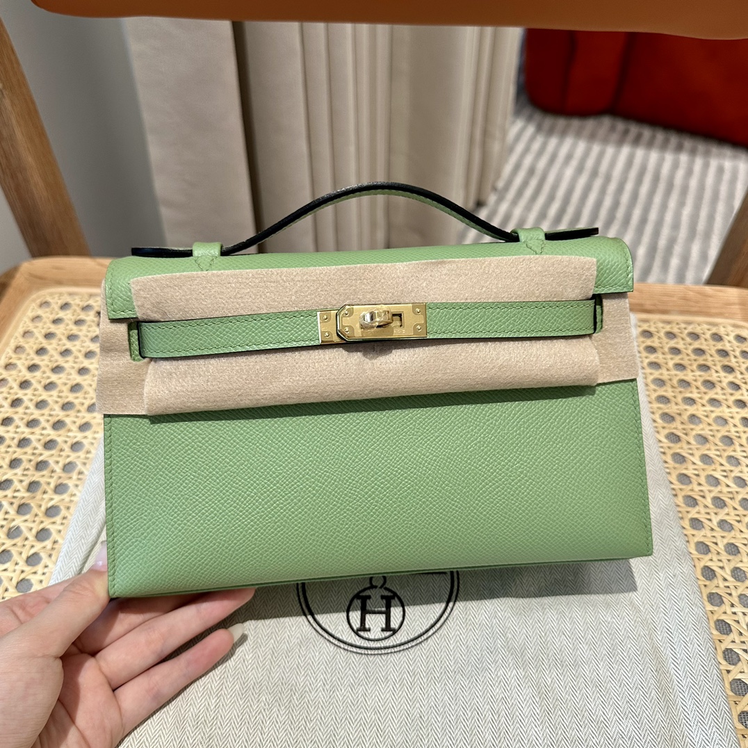 Hermès mini kelly 1, 3i/Vert Criquet, Epsom, gold, 22cm, all handmade!!
