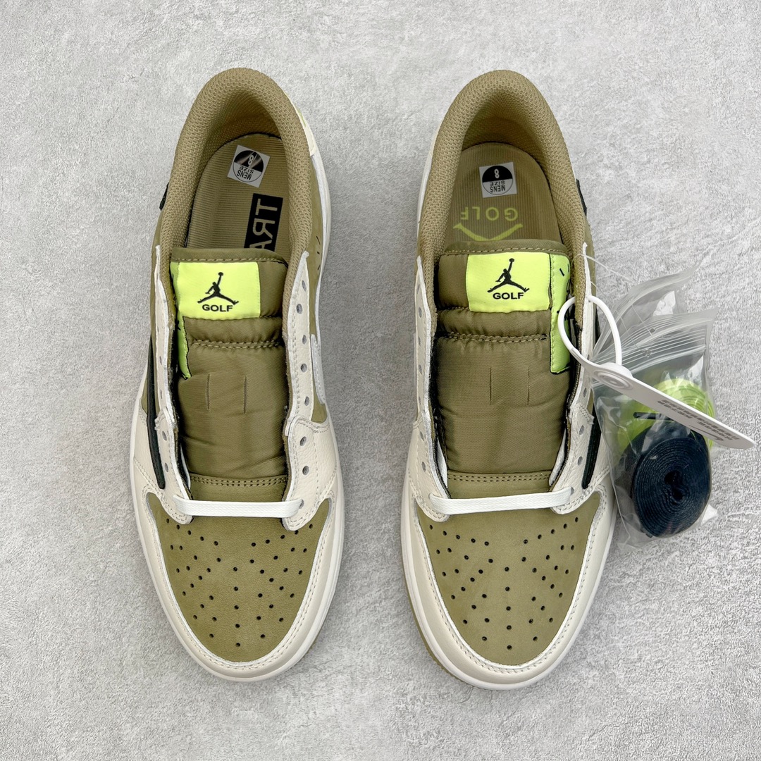 图片[2]-＃KZ神版莞产 Travis Scott x Air Jordan AJ1 Low Golf \\\”Olive\\\” TS联名倒钩高尔夫低帮6.0 FZ3124-200 配色方面也基本照搬了倒钩3.0配色 以橄榄绿色为底 搭配米白色框架呈现 标志性的反钩Swoosh则以黑色点缀 材质方面以麂皮与皮革拼接设计 鞋舌标签部分则以柠檬黄色点缀 GOLF字样和飞人Logo也表明鞋款身份 内侧TS标志性的Cactus Jack厂牌元素依然保留 不过同样以改为了黑色 后跟处的飞翼刺绣也采用黄色缝线打造 最大的变化就是外底部分采用了特殊的Golf纹路 相比于普通的AJ1更加防滑 鞋垫上也带有飞翼、鬼脸、Travis Scott等双方合作的标志性元素 尺码：36 36.5 37.5 38 38.5 39 40 40.5 41 42 42.5 43 44 44.5 45 46 47.5-选品中心