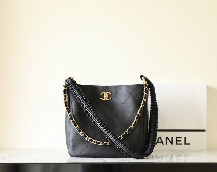 Chanel Shop Crossbody & Shoulder Bags Black Engraving Vintage Gold Calfskin Cowhide Weave Chains