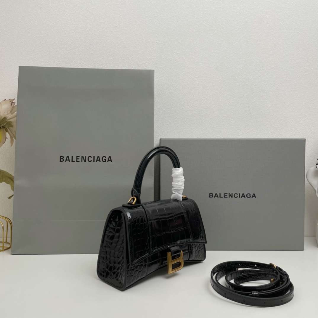 巴黎世家Balenciaga年度重磅Hourglass沙漏包鳄鱼黑/金扣现货黄金Xs小号19x8x13c