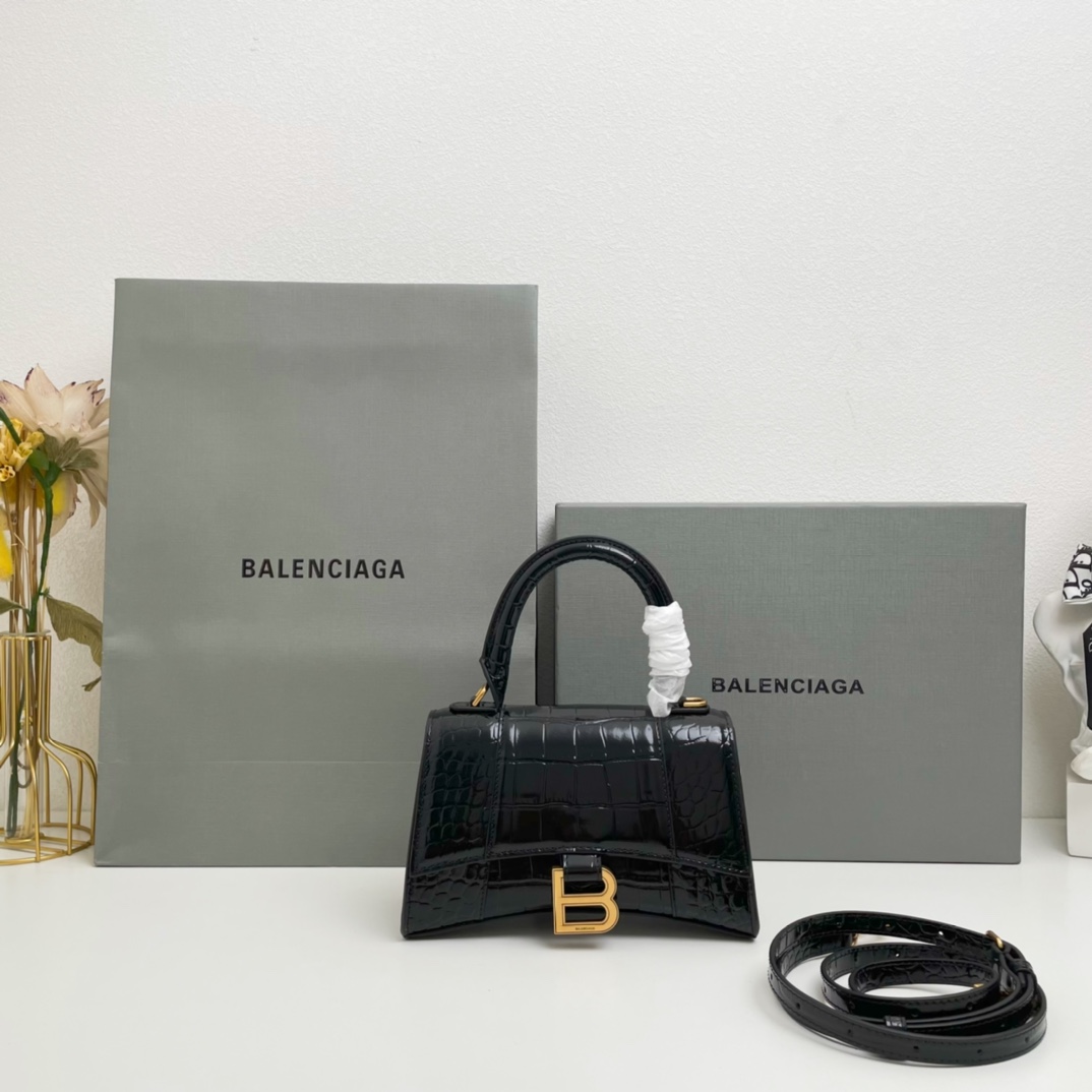 巴黎世家Balenciaga年度重磅Hourglass沙漏包鳄鱼黑/金扣现货黄金Xs小号19x8x13c