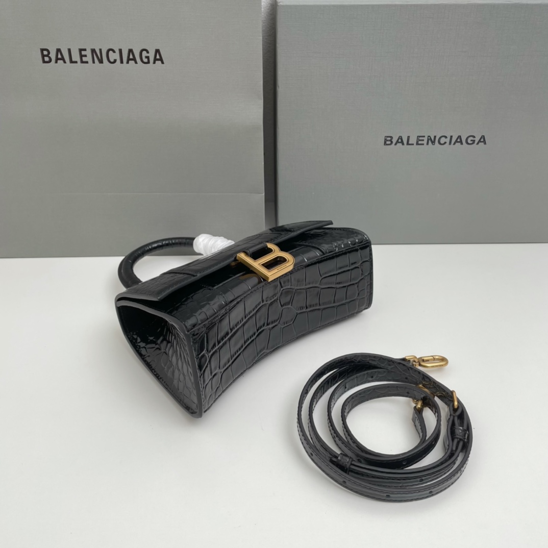 巴黎世家Balenciaga年度重磅Hourglass沙漏包鳄鱼黑/金扣现货黄金Xs小号19x8x13c