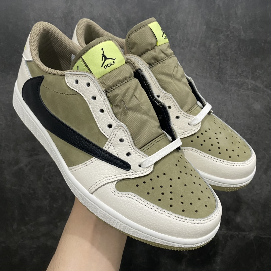 【莞产DG版本】Travis Scott x Air Jordan 1 Golf AJ1乔1 TS联名倒钩高尔夫低帮6.0 FZ3124-200nn目前首家高端版本出货n国内一线头部知名大厂出品原鞋原楦头纸板开发 原厂防尘纸极致一眼正品既视感n配色方面也基本照搬了倒钩3.0配色 以橄榄绿色为底 搭配米白色框架呈现 标志性的反钩Swoosh则以黑色点缀 材质方面以麂皮与皮革拼接设计 鞋舌标签部分则以柠檬黄色点缀 GOLF字样和飞人Logo也表明鞋款身份 内侧TS标志性的Cactus Jack厂牌元素依然保留 不过同样以改为了黑色 后跟处的飞翼刺绣也采用黄色缝线打造 最大的变化就是外底部分采用了特殊的Golf纹路 相比于普通的AJ1更加防滑 鞋垫上也带有飞翼、鬼脸、Travis Scott等双方合作的标志性元素  尺码：40 40.5 41 42 42.5 43 44 44.5 45 46 47.5-莆田鞋批发中心