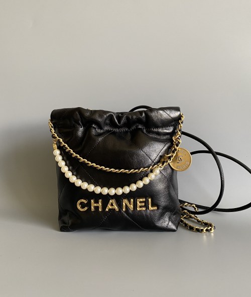 Chanel Mini 22 Bag Black Leather with Chain and Pearl Detail AS3980 1 Chanel Mini 22 Bag Black Leather with Chain and Pearl Detail AS3980