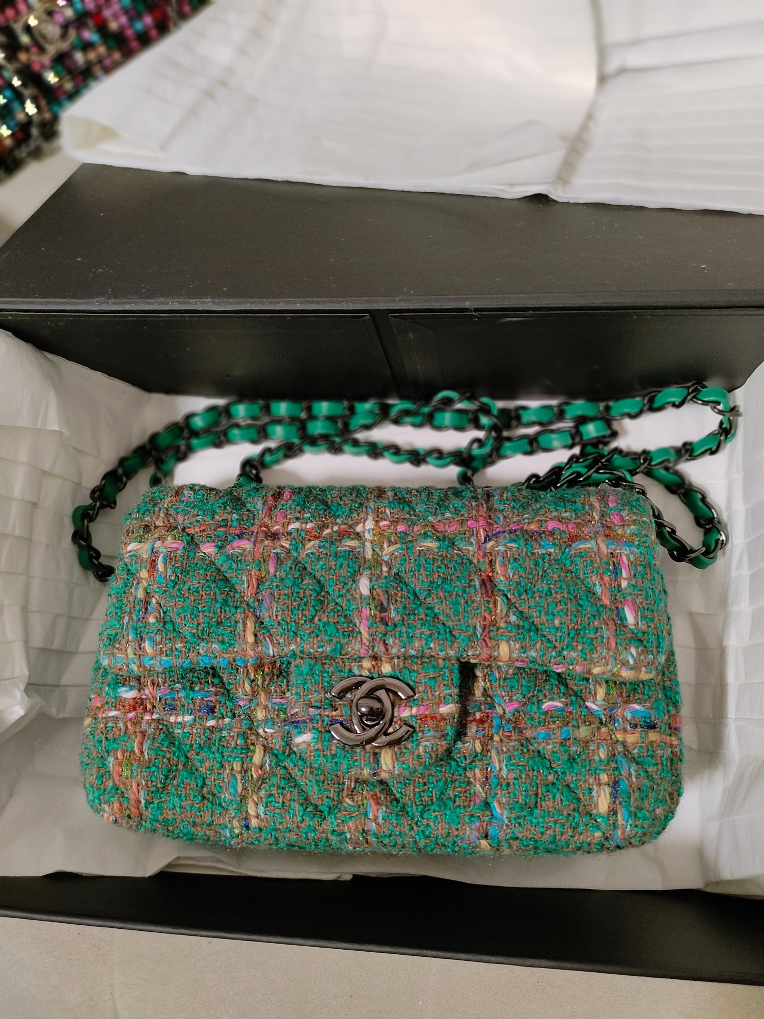 Xiaoxiang Chanel 23a woolen large mini moss green20cm
