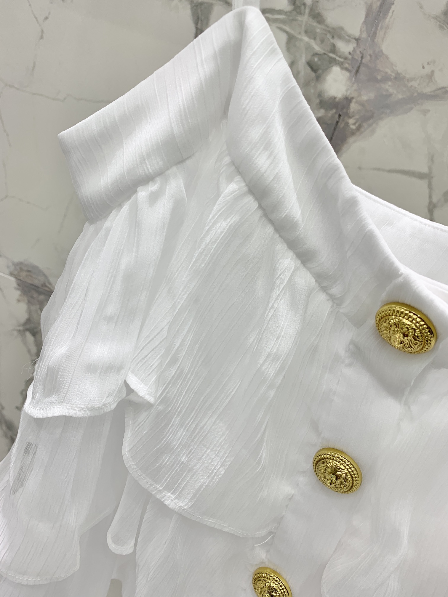 Balmain White Ruffle Two-Piece Set, Spaghetti Strap Top and Button Skirt 6 i1690078496 1304 4