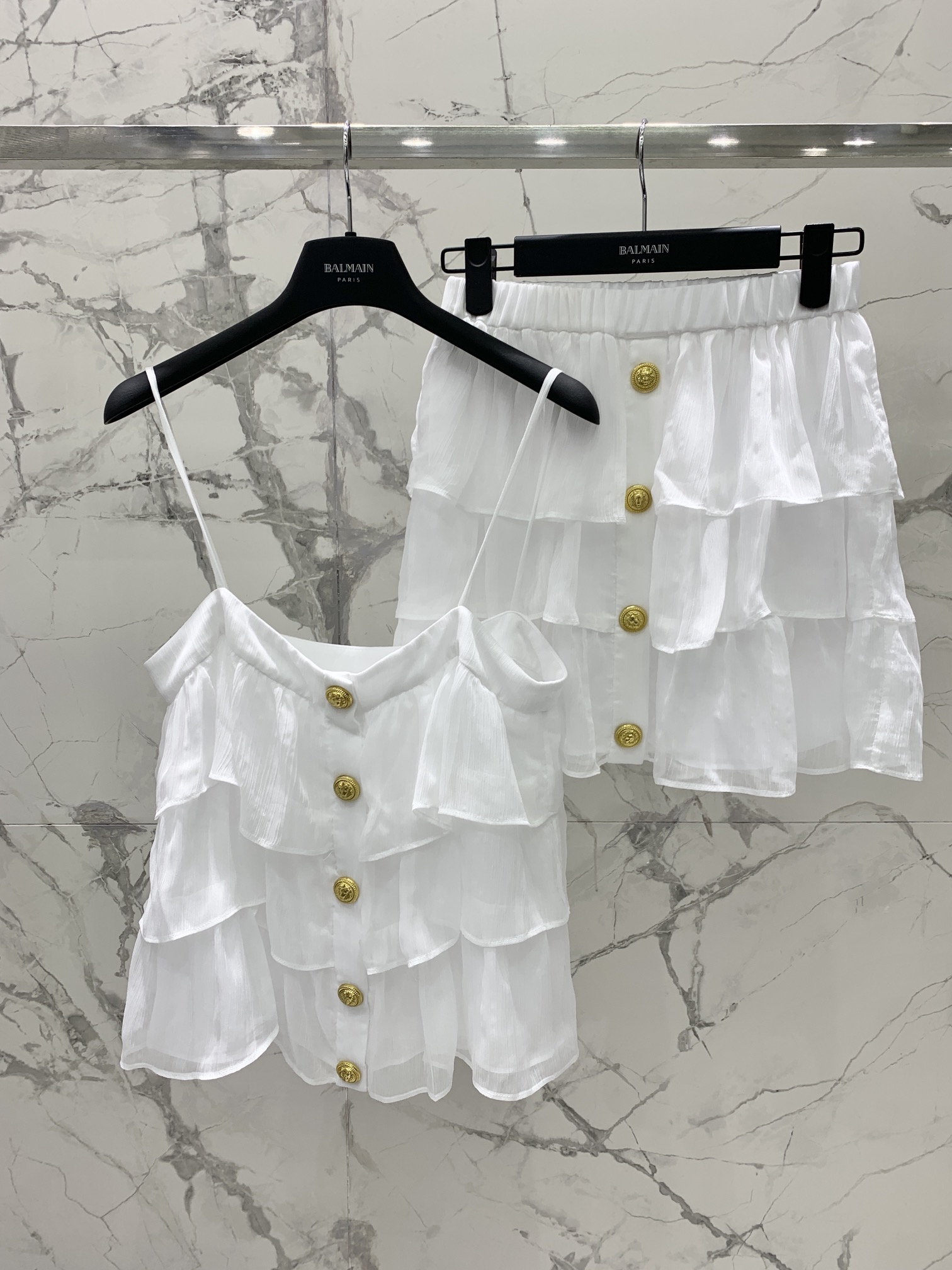 Balmain White Ruffle Two-Piece Set, Spaghetti Strap Top and Button Skirt 2 i1690078496 5052 0