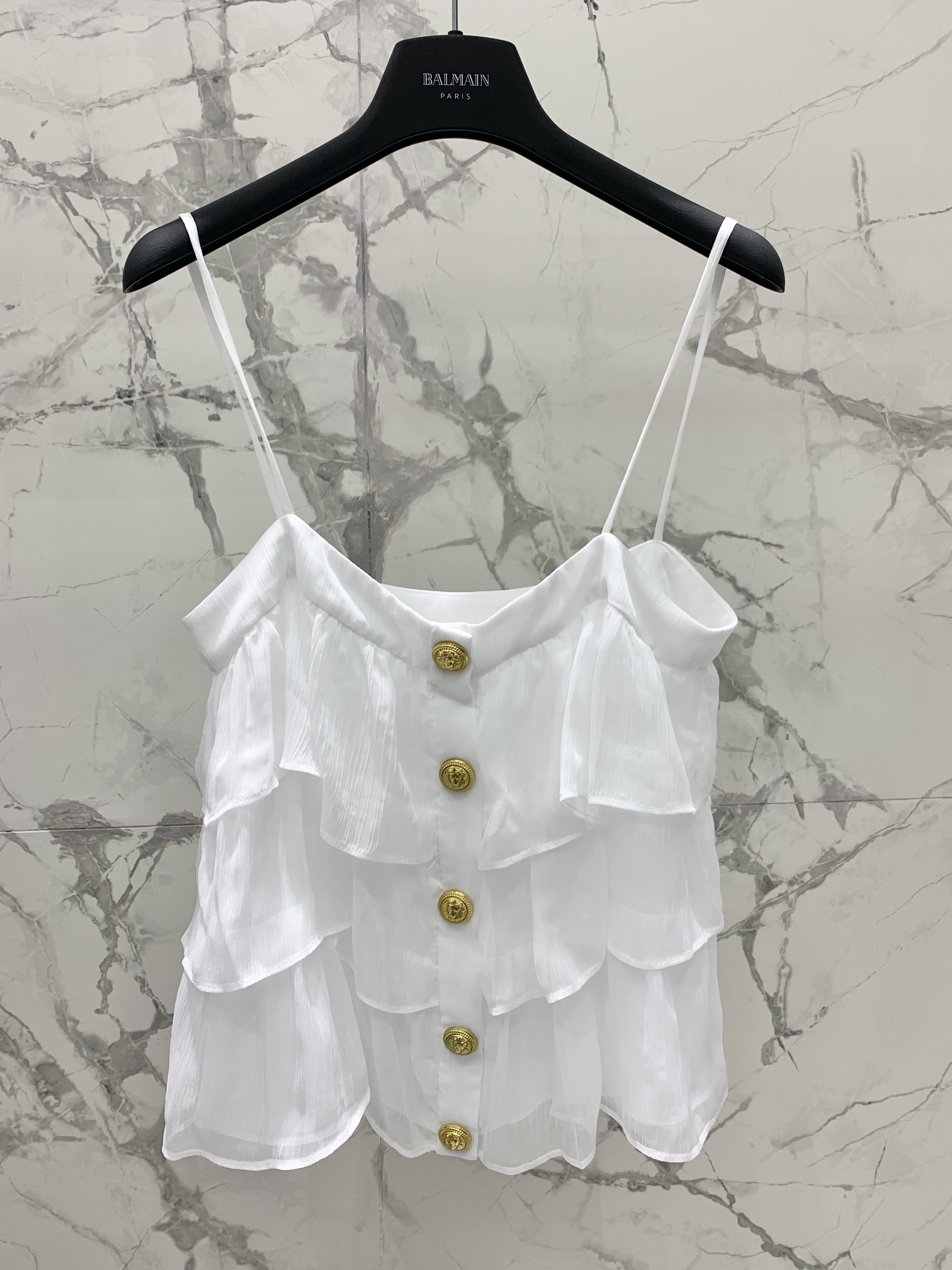Balmain White Ruffle Two-Piece Set, Spaghetti Strap Top and Button Skirt 4 i1690078496 7081 2