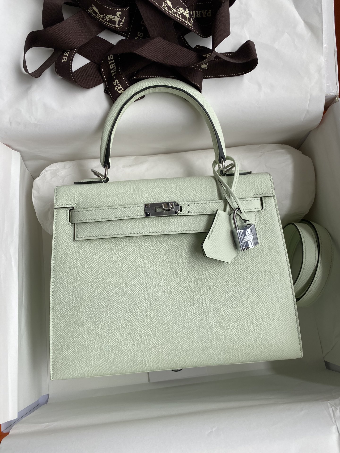 Cosido a mano👉Kelly 25cm piel Epsom importada verde burbuja hebilla plateada