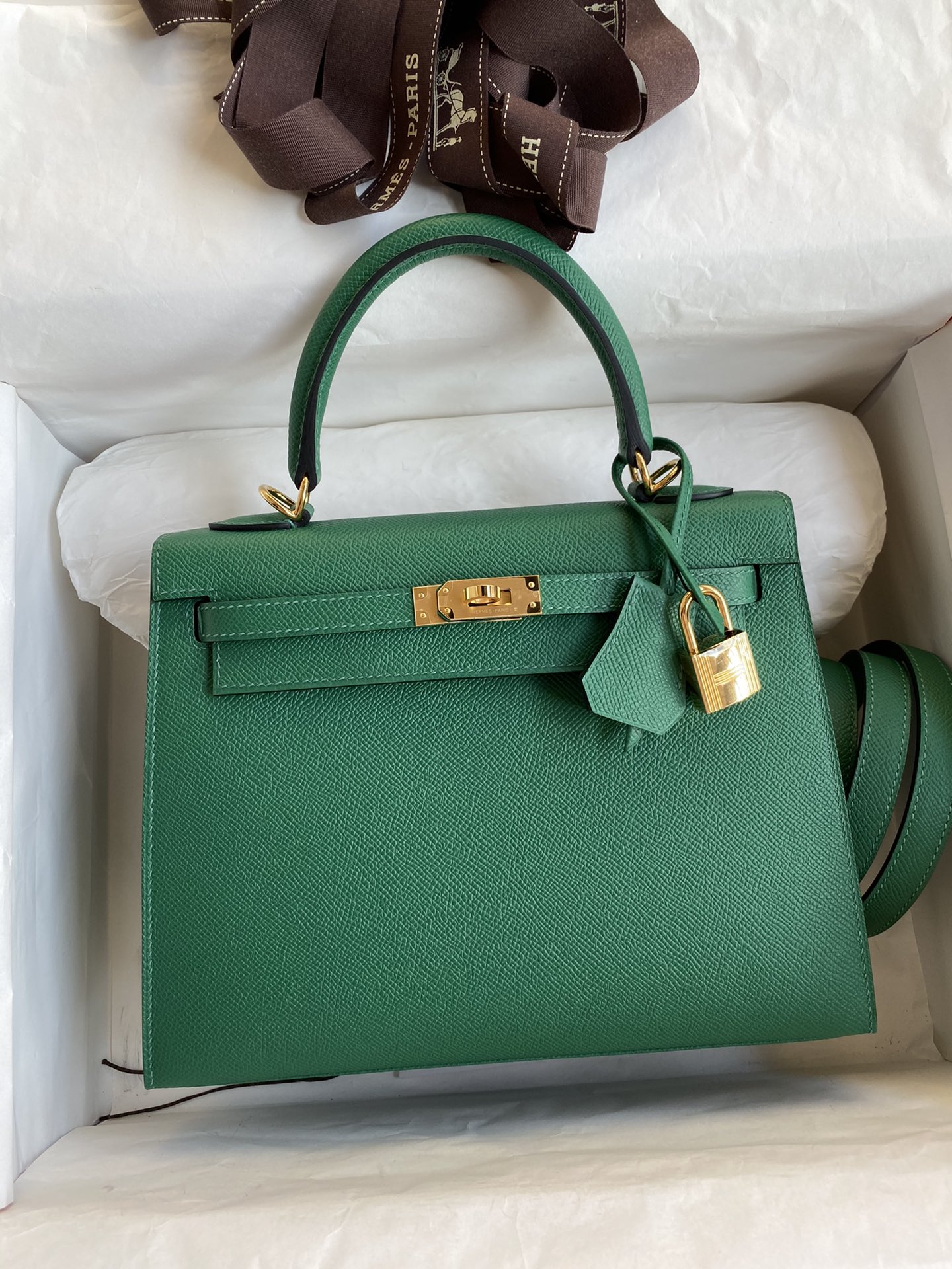Cosido a mano👉Kelly 25cm piel Epsom importada verde terciopelo hebilla dorada