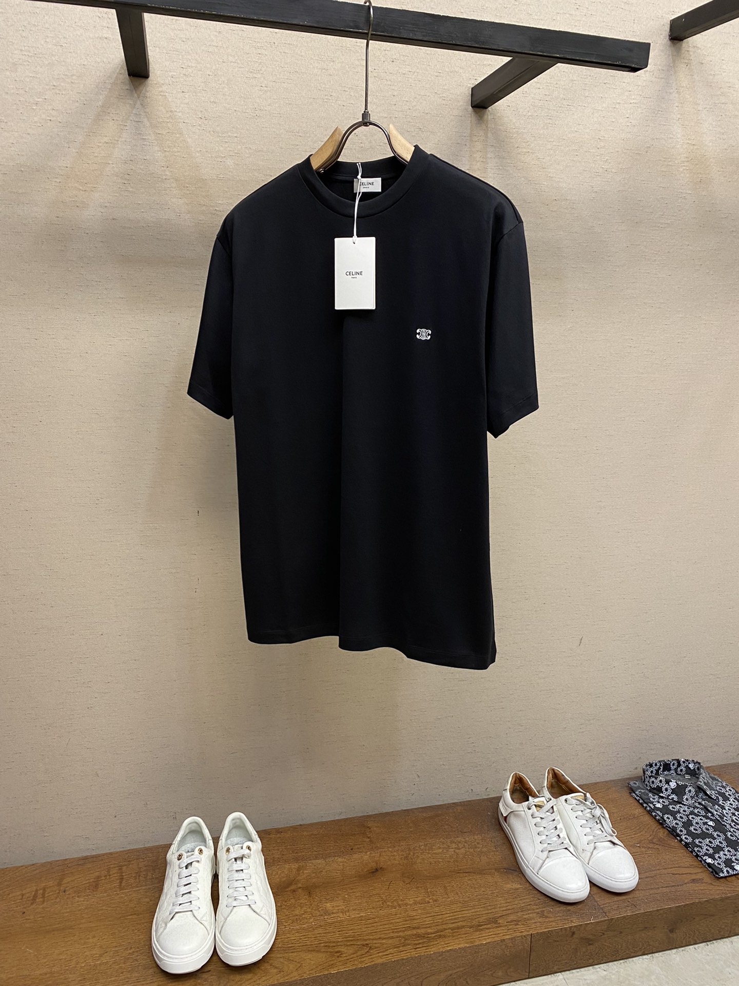 Celine Clothing T-Shirt Black White Embroidery Cotton Spring/Summer Collection Short Sleeve