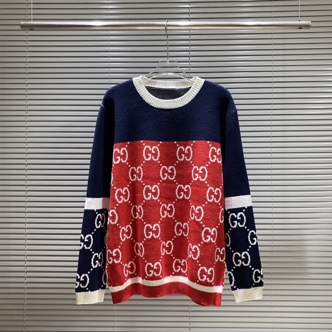 Suéter de cuello redondo Gu con jacquard de doble G en azul y rojo, color: rojo, tallas: S M L XL XXL