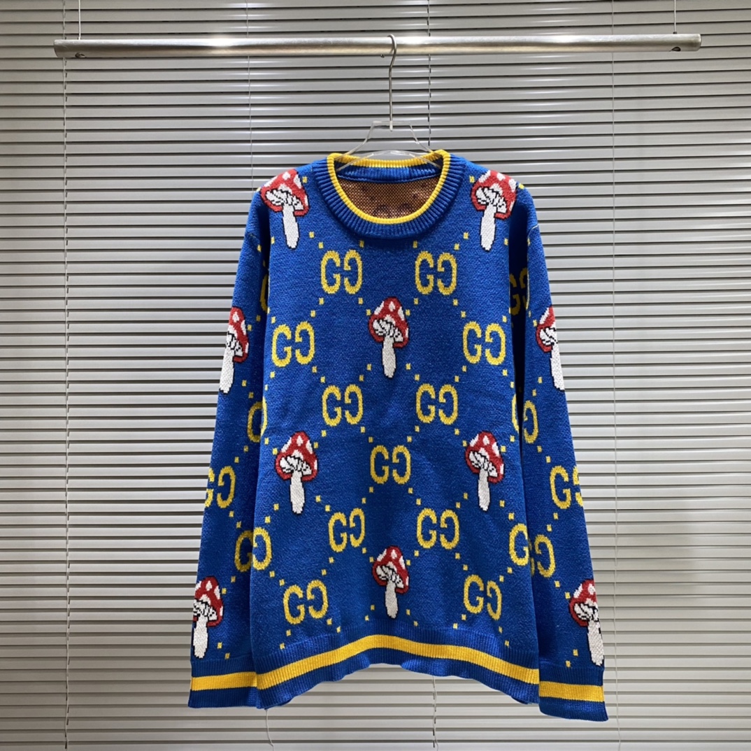 Suéter de cuello redondo Gu con jacquard de doble G y setas 🍄, color: azul, tallas: S M L XL XXL