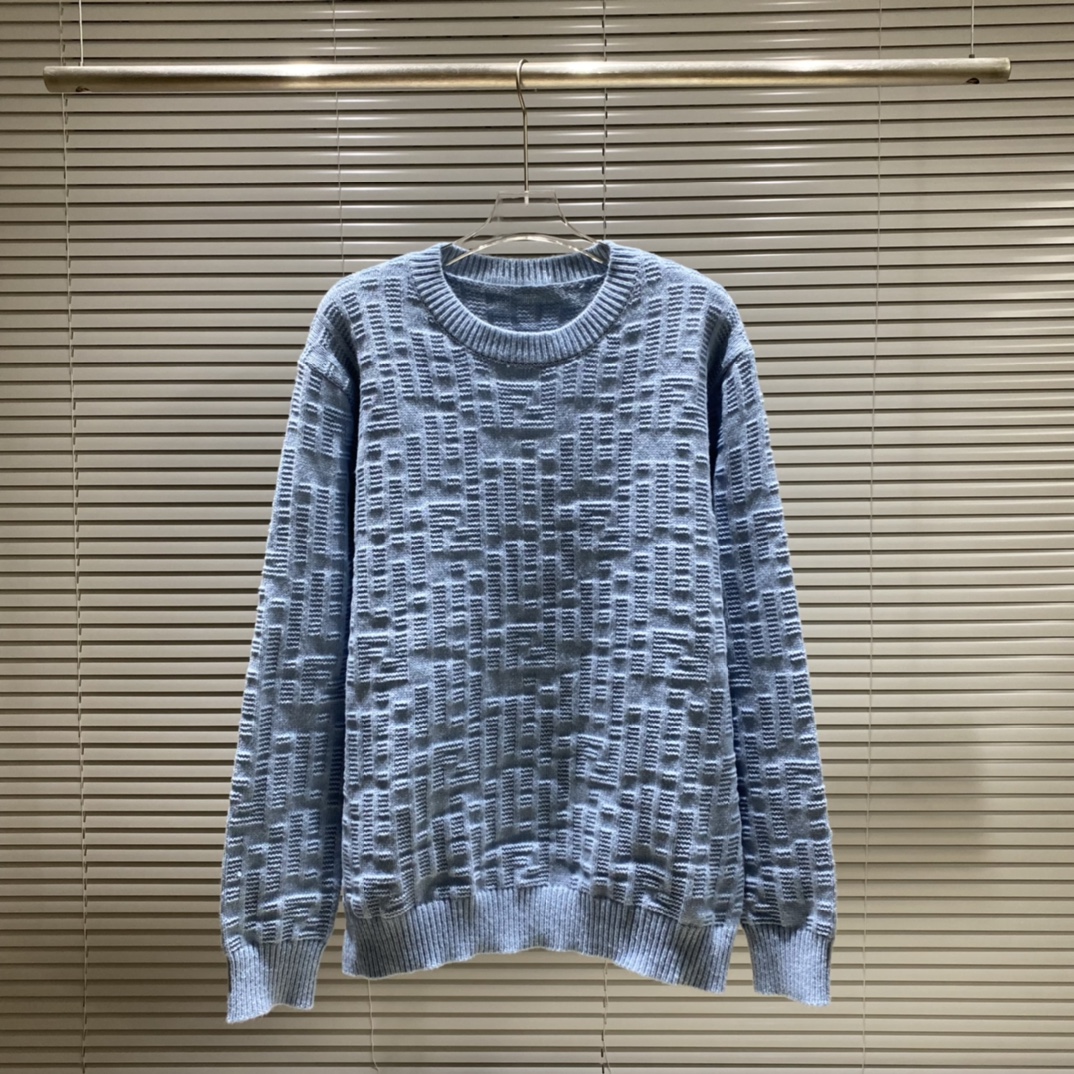 Suéter de cuello redondo con jacquard de doble F en toda la prenda FD Fendi, colores: blanco, azul, tallas: S M L XL XXL