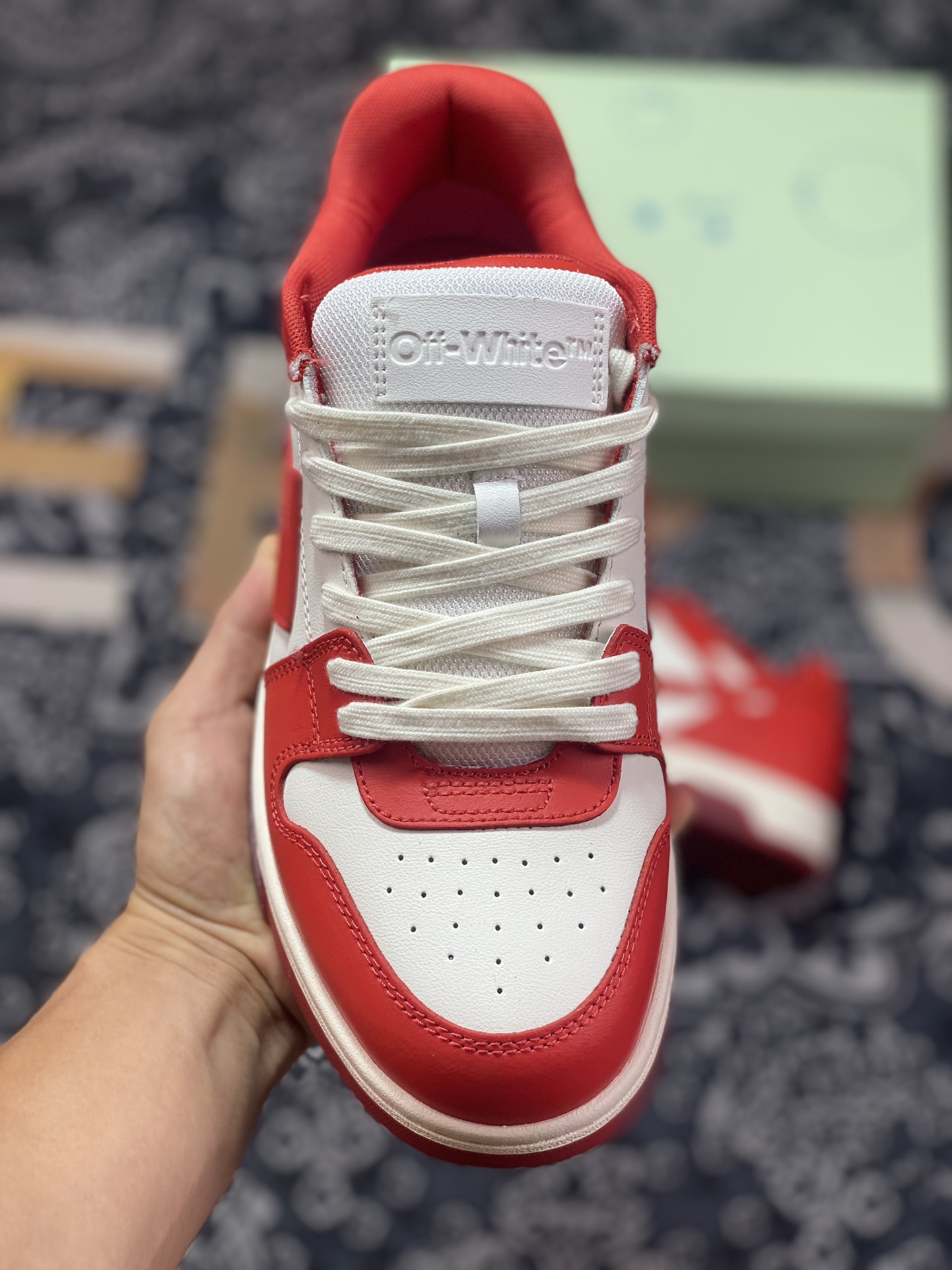 Off-White c/o Virgil Abloh Out Of Office Low-top Leather Sneakers”OOO” series low-top sneakers ”leather big red beige red letters graffiti arrows” OMIA189F22LEA0001128