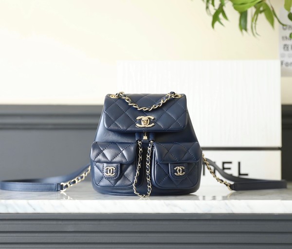 Chanel Shop Bags Backpack Blue Navy Gold Hardware Calfskin Cowhide Vintage