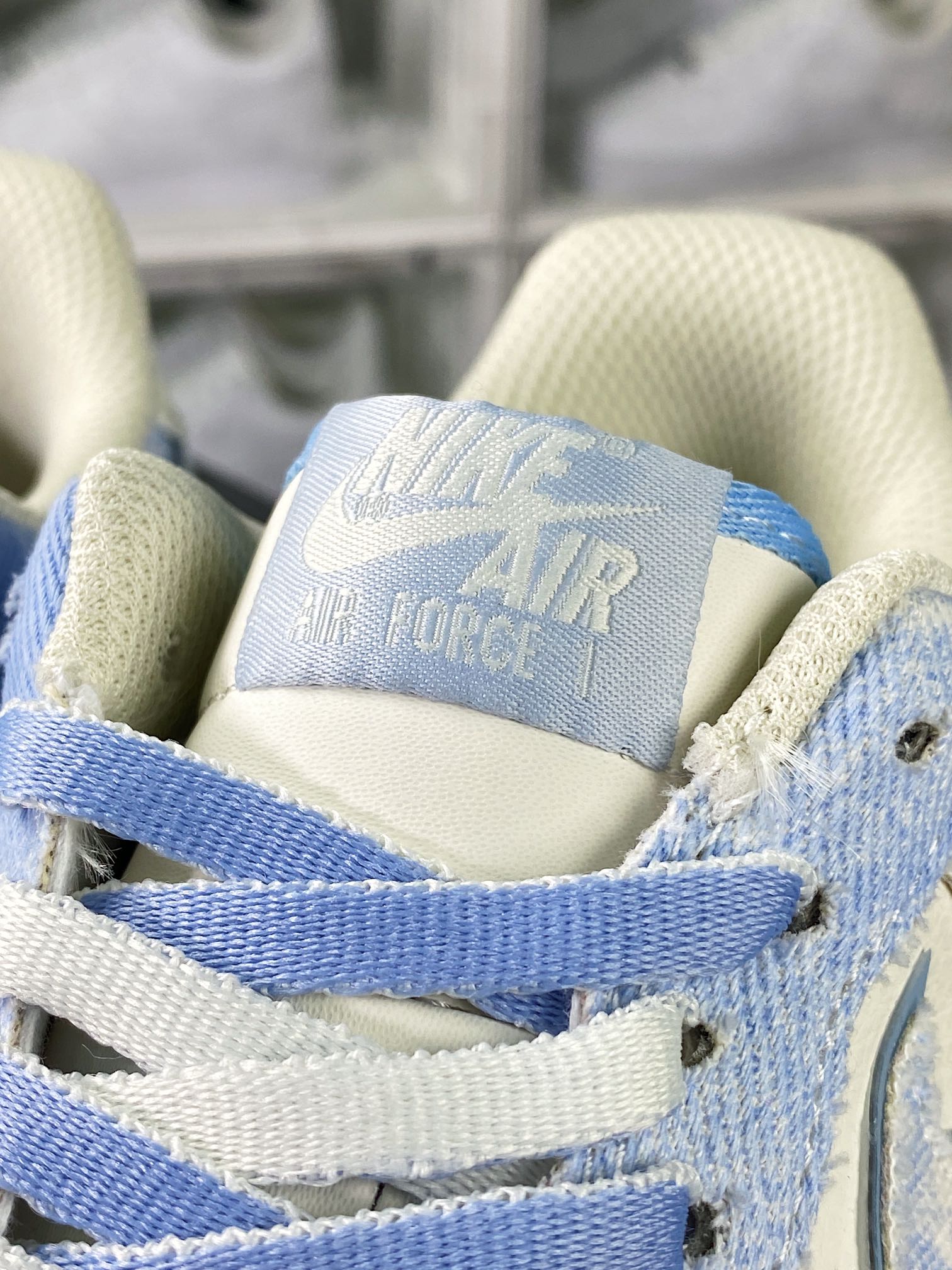 Nike Air Force 1′07 Low”Exclusive Denim” Air Force One sneakers “Off-white light blue denim distressed” FB0607-022