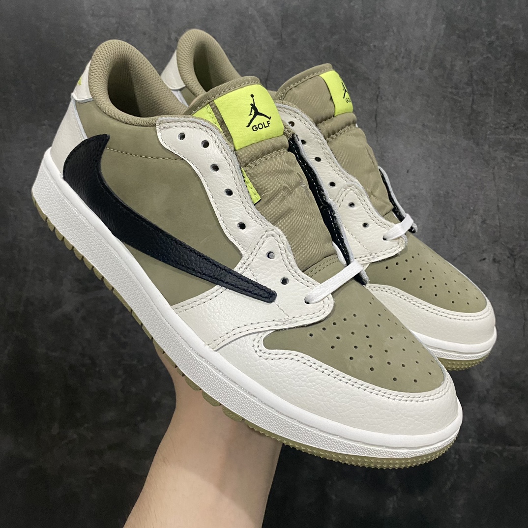 【X版版本】Travis Scott x Air Jordan 1 Golf AJ1乔1 TS联名倒钩高尔夫低帮6.0 FZ3124-200nn正确高尔夫板型出货 区别市场通货n国内一线头部知名大厂出品原鞋原楦头纸板开发 原厂防尘纸极致一眼正品既视感n配色方面也基本照搬了倒钩3.0配色 以橄榄绿色为底 搭配米白色框架呈现 标志性的反钩Swoosh则以黑色点缀 材质方面以麂皮与皮革拼接设计 鞋舌标签部分则以柠檬黄色点缀 GOLF字样和飞人Logo也表明鞋款身份 内侧TS标志性的Cactus Jack厂牌元素依然保留 不过同样以改为了黑色 后跟处的飞翼刺绣也采用黄色缝线打造 最大的变化就是外底部分采用了特殊的Golf纹路 相比于普通的AJ1更加防滑 鞋垫上也带有飞翼、鬼脸、Travis Scott等双方合作的标志性元素  尺码：366.5 37.5 38 38.5 39 40 40.5 41 42 42.5 43 44 44.5 45 46 47.5-莆田鞋批发中心