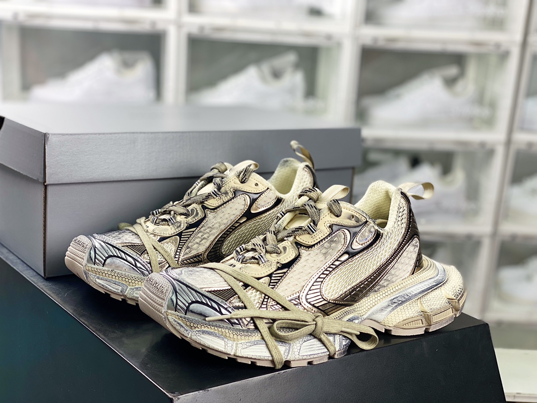 450 巴黎世家BALENCIAGA 3XL Sneakers 3+系列低帮复古慢跑鞋“网织灰金做旧”734731 W3XL2 9060