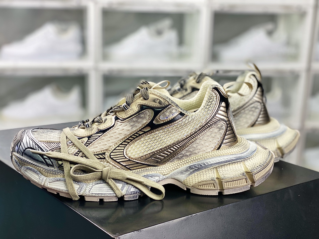 BALENCIAGA 3XL Sneakers 3+ series low-top retro running shoes ”mesh gray gold distressed” 734731 W3XL2 9060