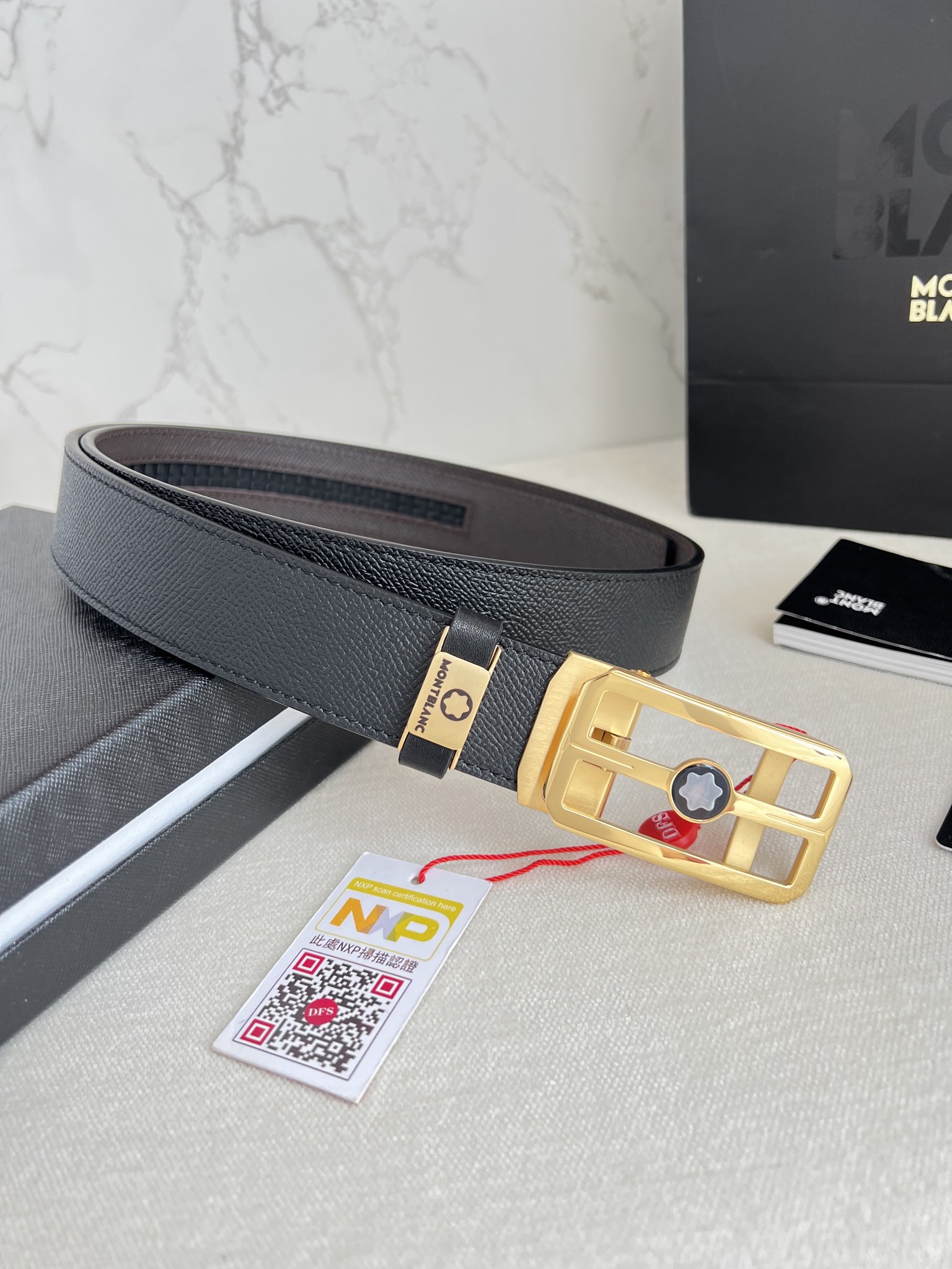 MontBlanc Belts Black Gold Hardware Cowhide Genuine Leather