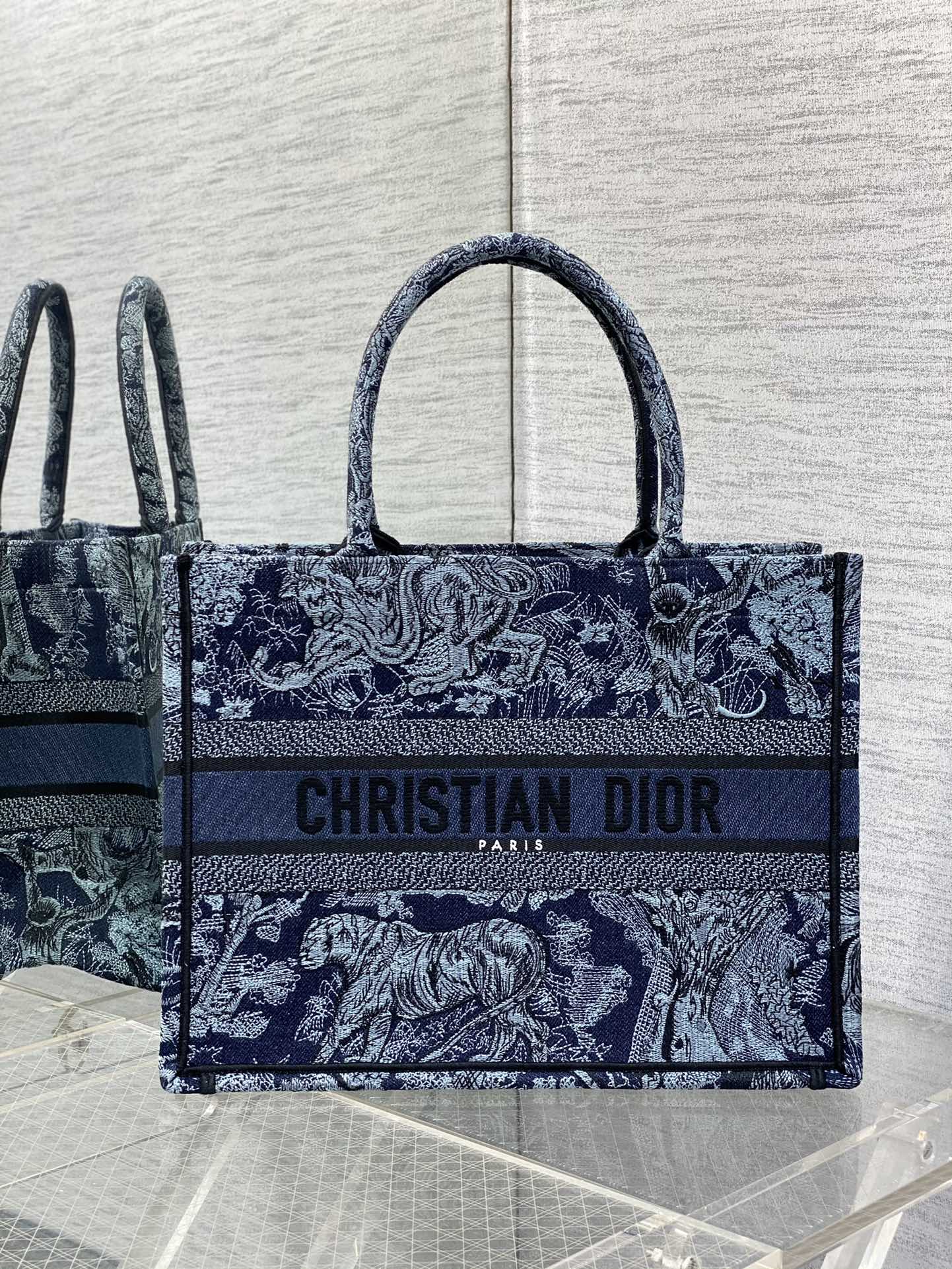 DIOR Denim Blue Tiger Embroidery Medium Tote Handbag