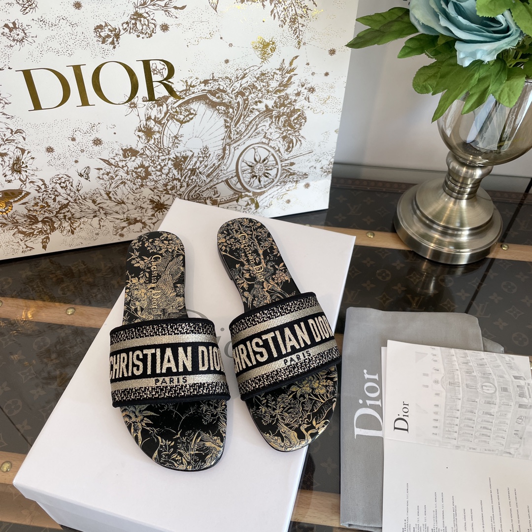 Dior Shoes Slippers Embroidery Cowhide Genuine Leather Summer Collection