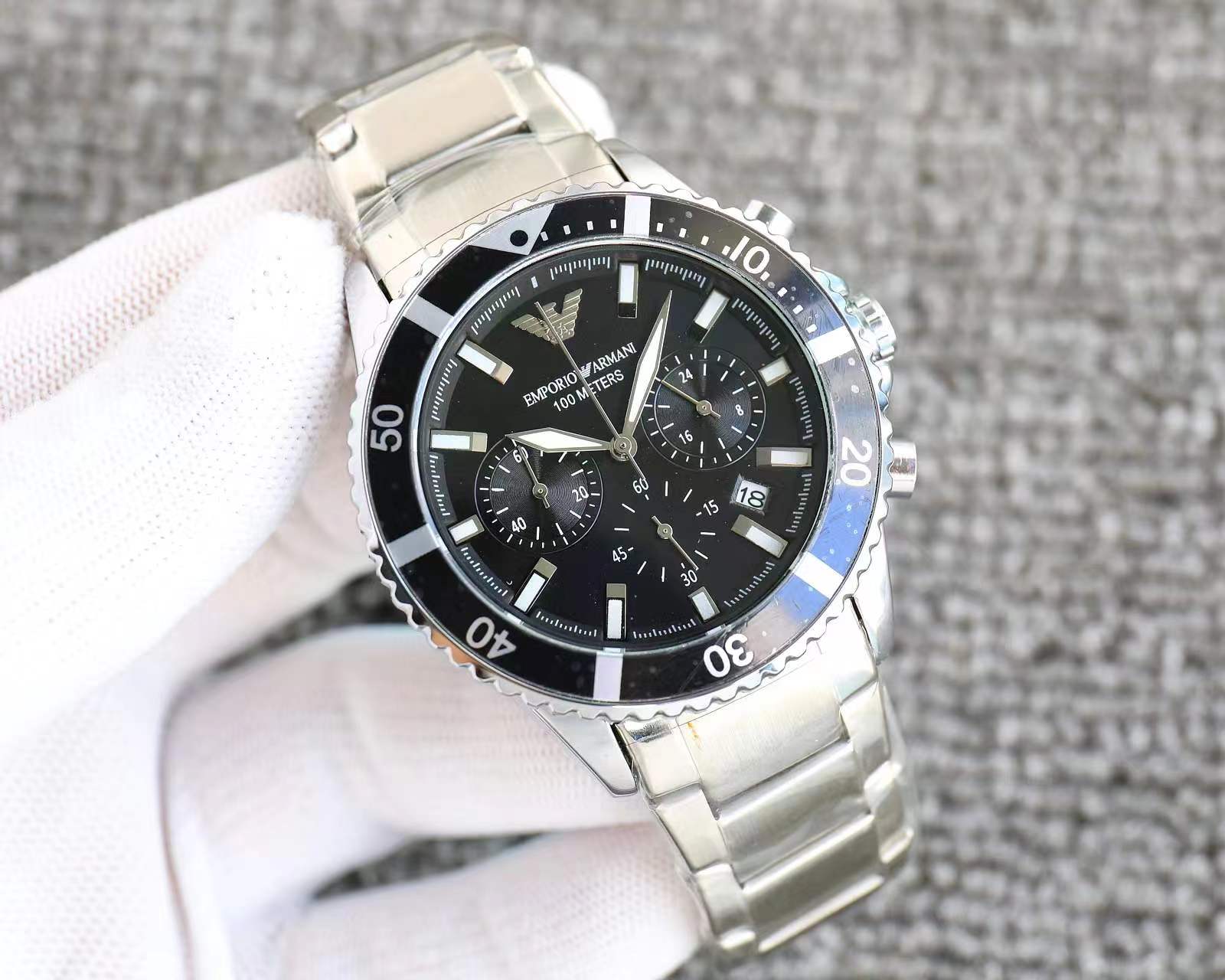 💰225！配全套包装（下单备注颜色画圈）阿玛尼真六针计时功能，水鬼系列，男士精品商务腕表，巧克力经典配色，柳叶指针采用刻度设计，蝴蝶双按扣，镌刻鹰形LOGO，细节品质感体验别具一格的时尚大方的设计！
