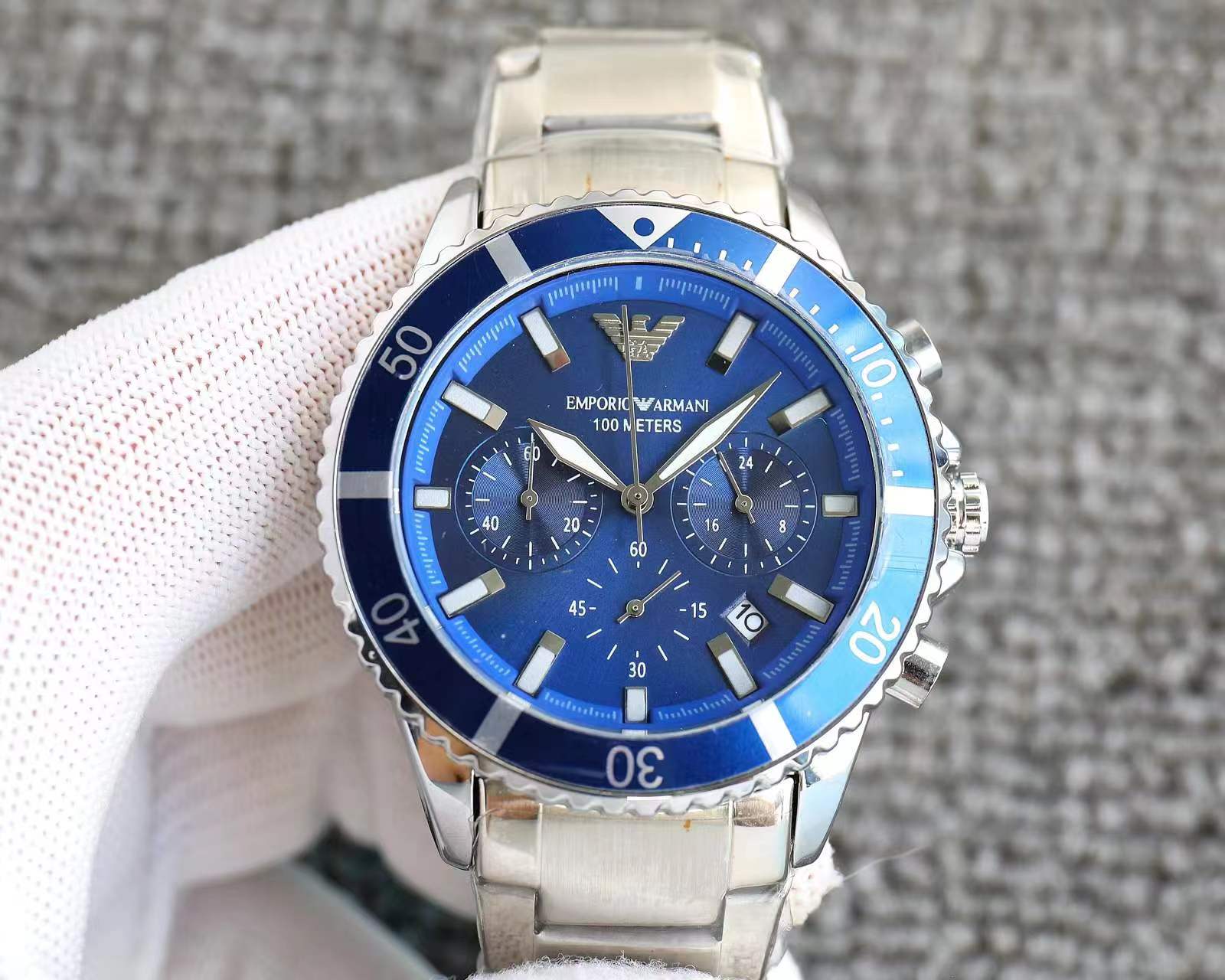 💰225！配全套包装（下单备注颜色画圈）阿玛尼真六针计时功能，水鬼系列，男士精品商务腕表，巧克力经典配色，柳叶指针采用刻度设计，蝴蝶双按扣，镌刻鹰形LOGO，细节品质感体验别具一格的时尚大方的设计！