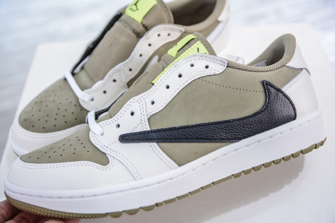 New G version pure original Travis Scott x Air Jordan AJ1 Low Golf ”Olive” TS joint inverted hook golf low-top FZ3124-200