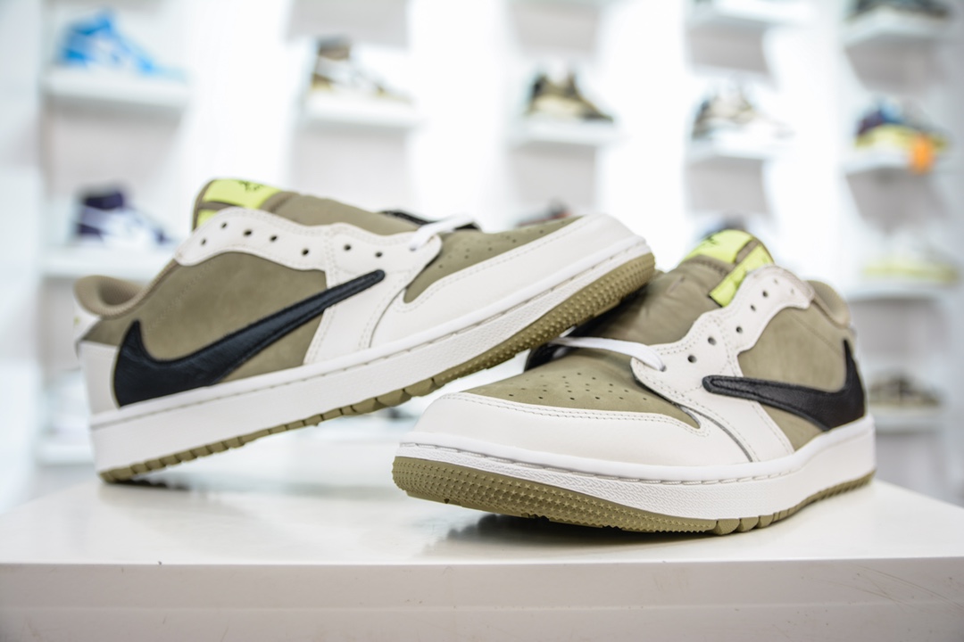 New G version pure original Travis Scott x Air Jordan AJ1 Low Golf ”Olive” TS joint inverted hook golf low-top FZ3124-200