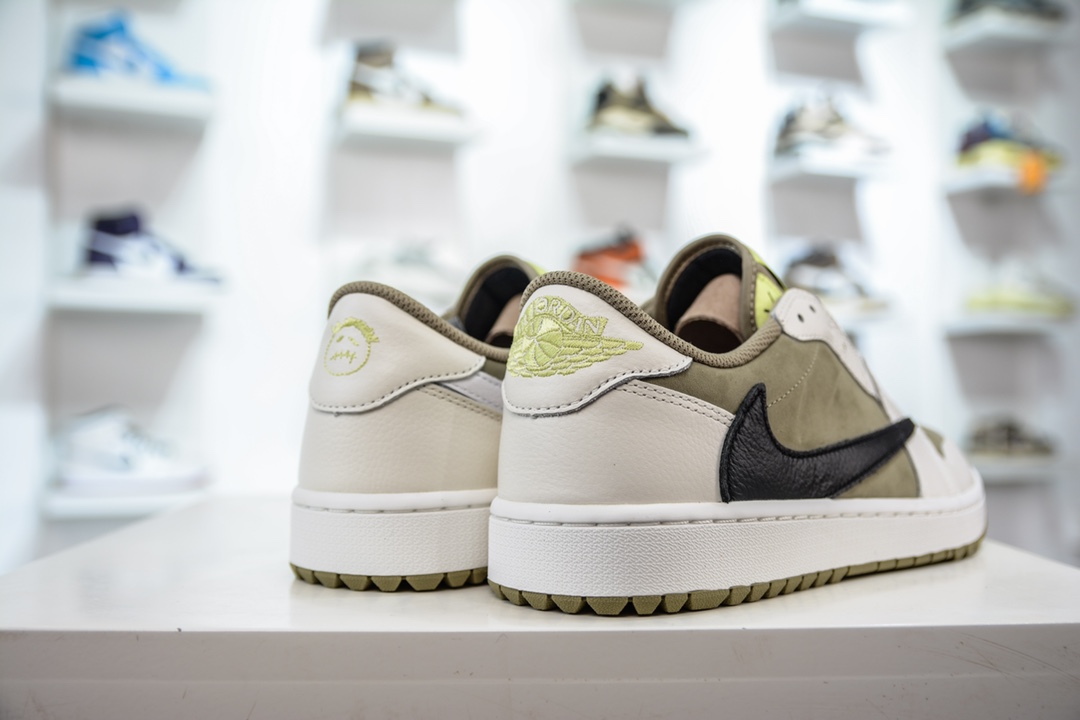 New G version pure original Travis Scott x Air Jordan AJ1 Low Golf ”Olive” TS joint inverted hook golf low-top FZ3124-200