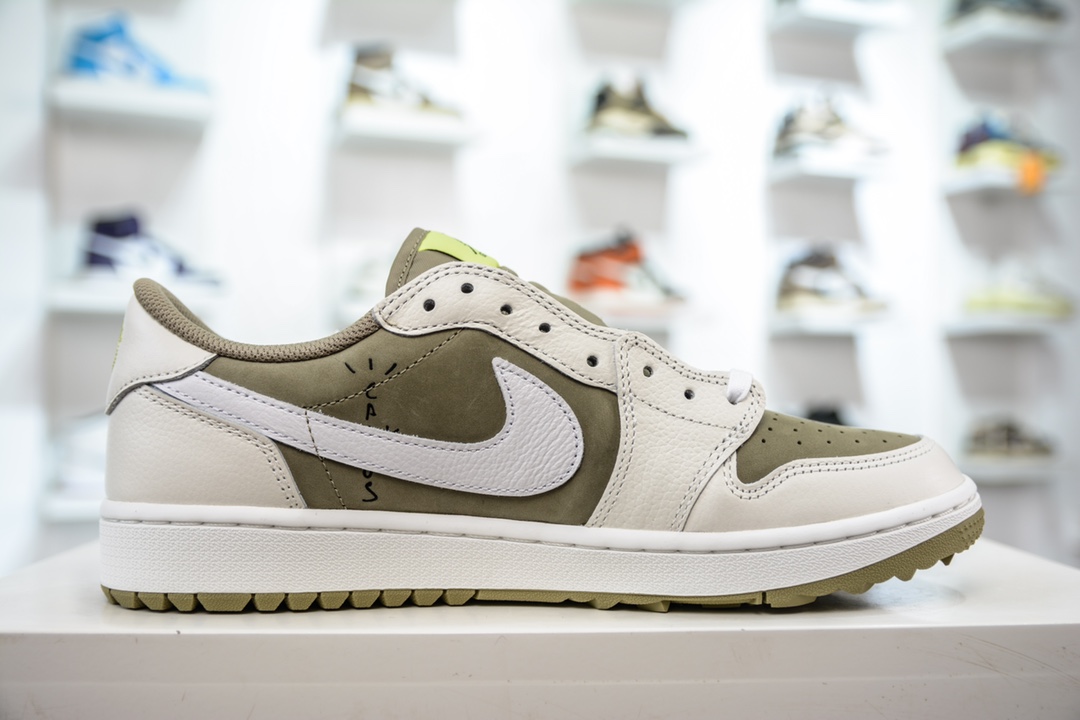 New G version pure original Travis Scott x Air Jordan AJ1 Low Golf ”Olive” TS joint inverted hook golf low-top FZ3124-200