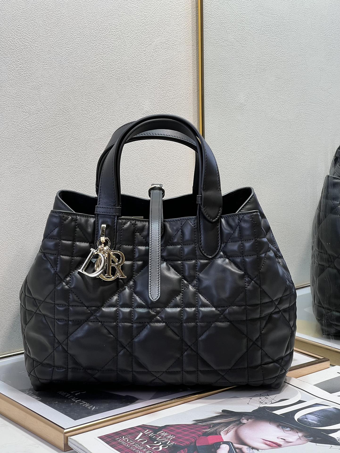 Dior Toujours Black Calfskin Cannage Top Handle Shoulder Bag Medium
