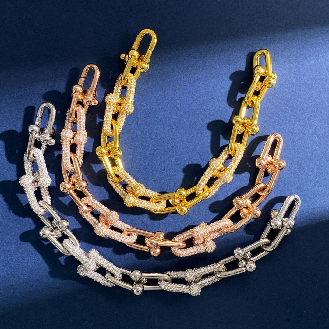 Bracciale Tiffany HardWear Metallo tonalità argento con pavé di pietre trasparenti Metallo tonalità oro rosa con pavé di pietre trasparenti Metallo tonalità oro giallo con pavé di pietre trasparenti 7 pollici